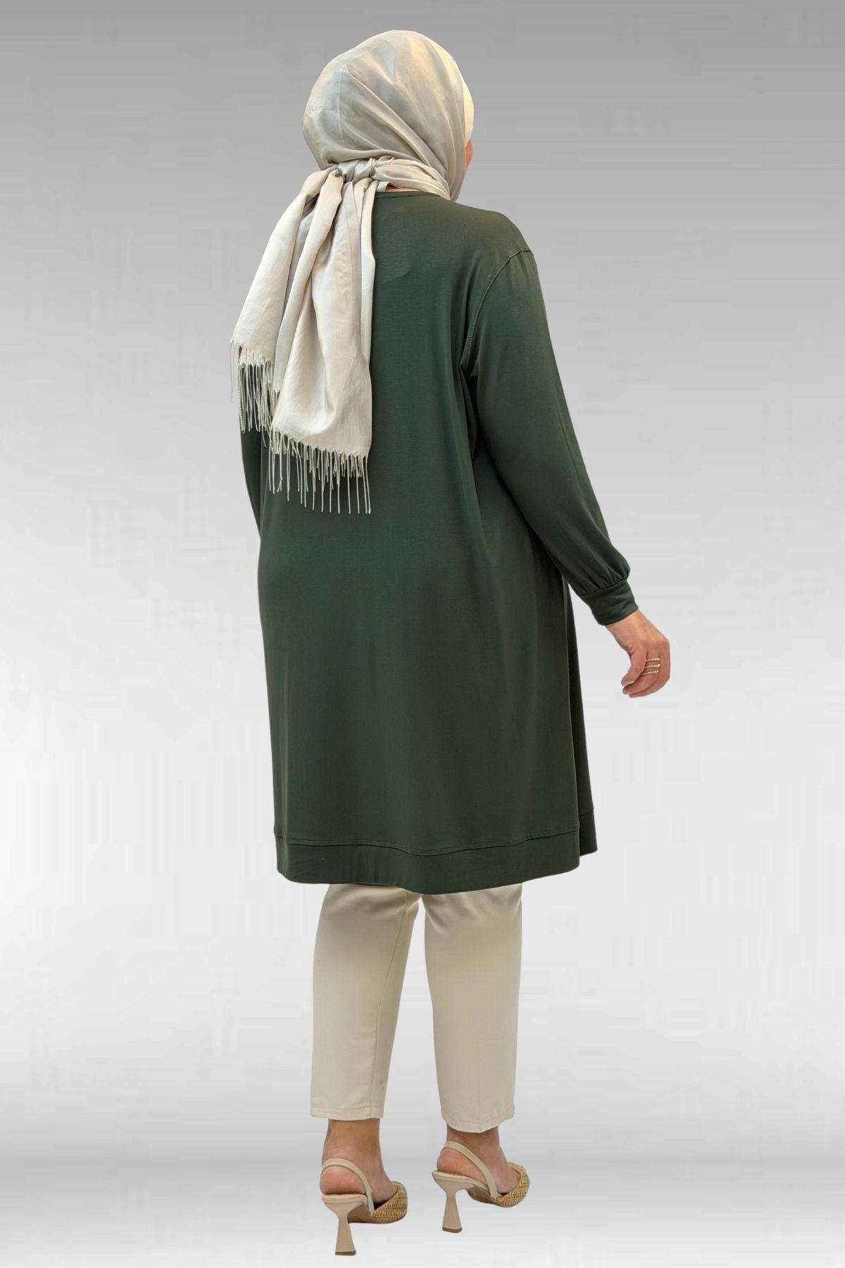 68006 Büyük Beden Pat Üzeri Düğme Detaylı Penye Tunik - Haki