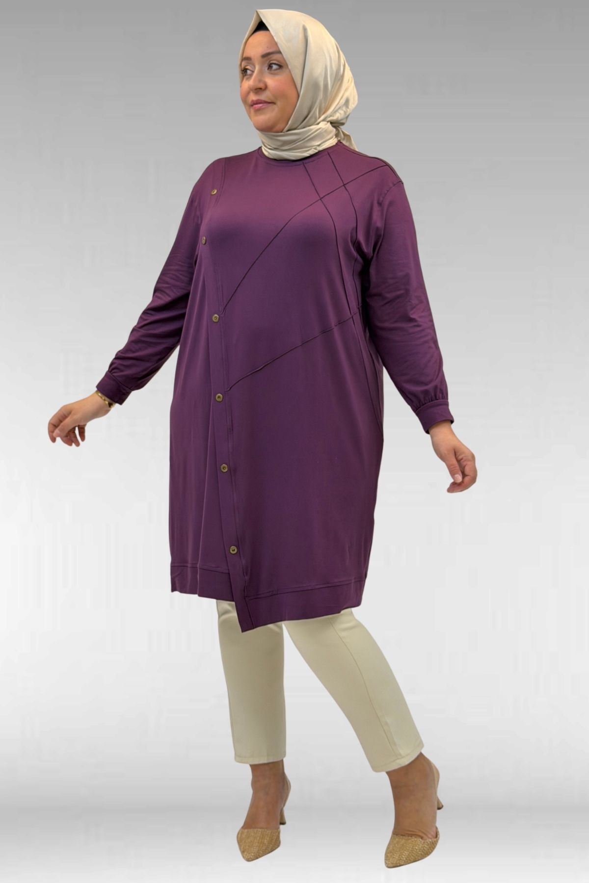 68006 Büyük Beden Pat Üzeri Düğme Detaylı Penye Tunik - Mürdüm