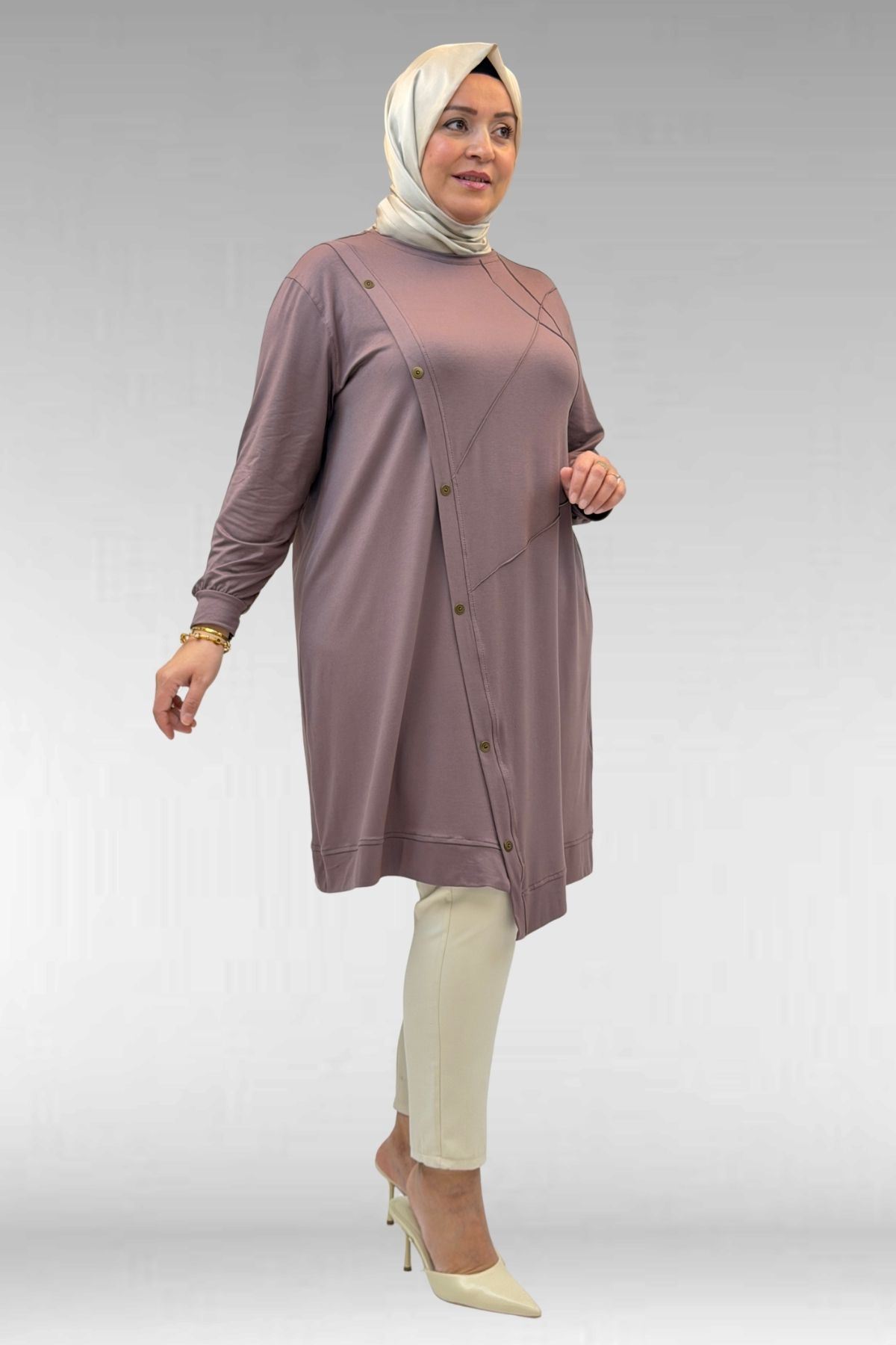 68006 Büyük Beden Pat Üzeri Düğme Detaylı Penye Tunik - Vizon