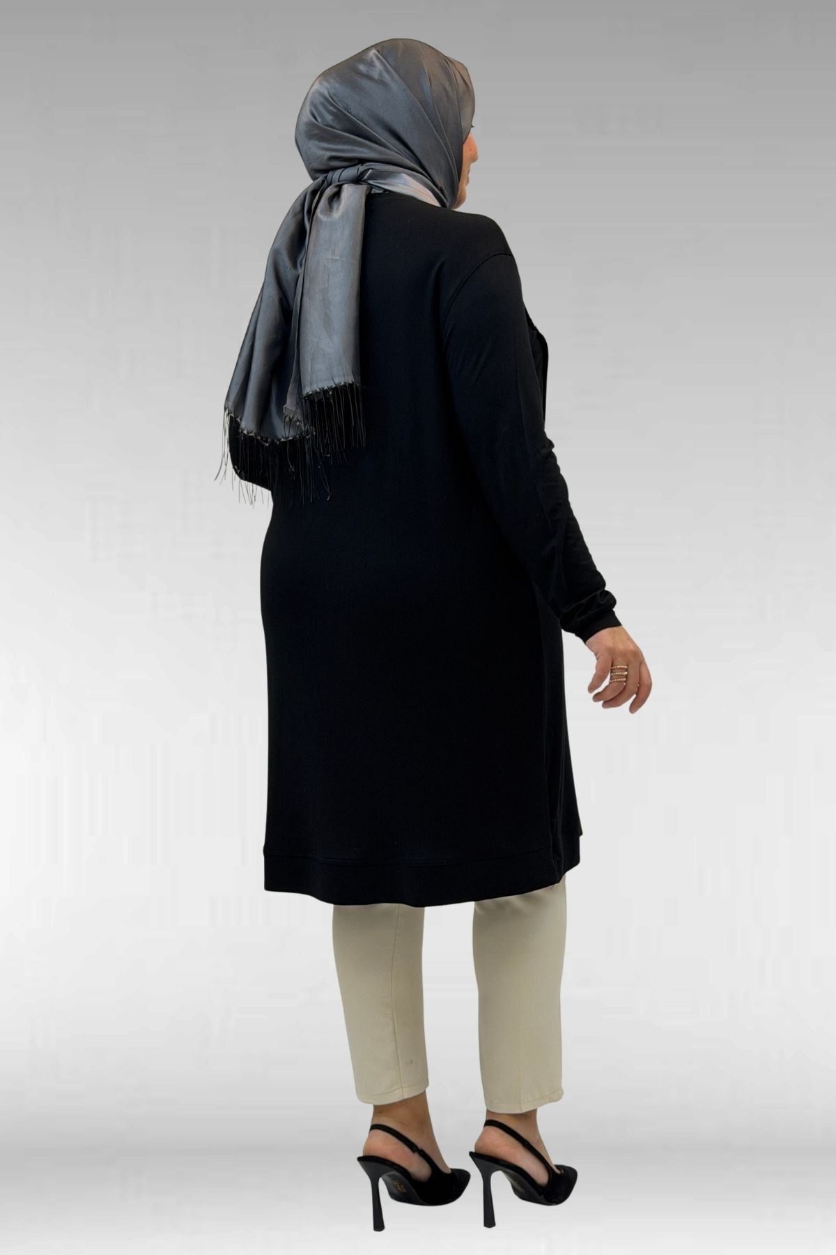 68006 Büyük Beden Pat Üzeri Düğme Detaylı Penye Tunik - Siyah