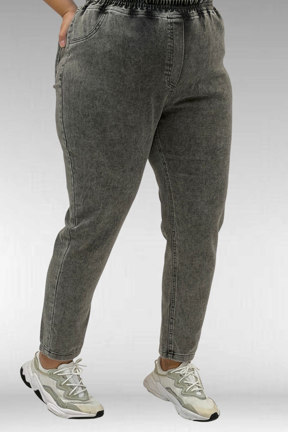 69002 Büyük Beden Beli Lastikli Darpaça Uzun Kot Pantolon - Antrasit