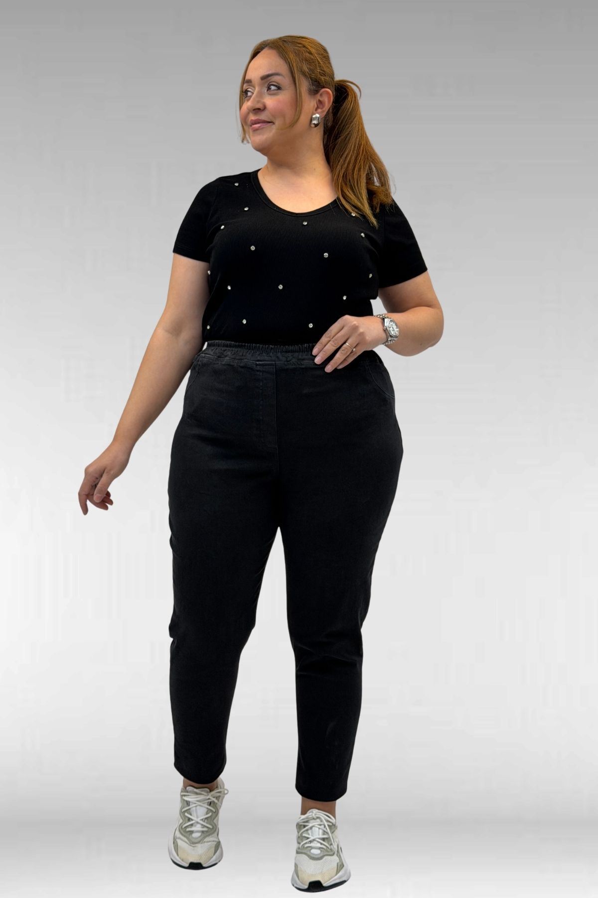 69002 Büyük Beden Beli Lastikli Darpaça Uzun Kot Pantolon - Siyah