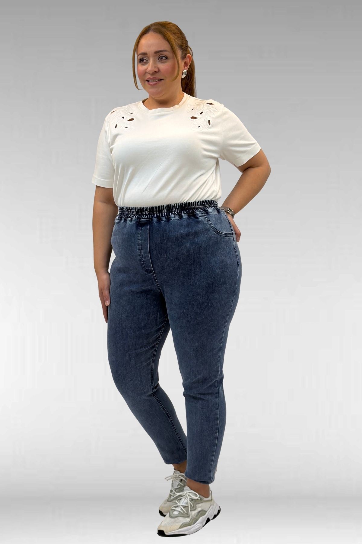 69002 Büyük Beden Beli Lastikli Darpaça Uzun Kot Pantolon - Koyu Mavi