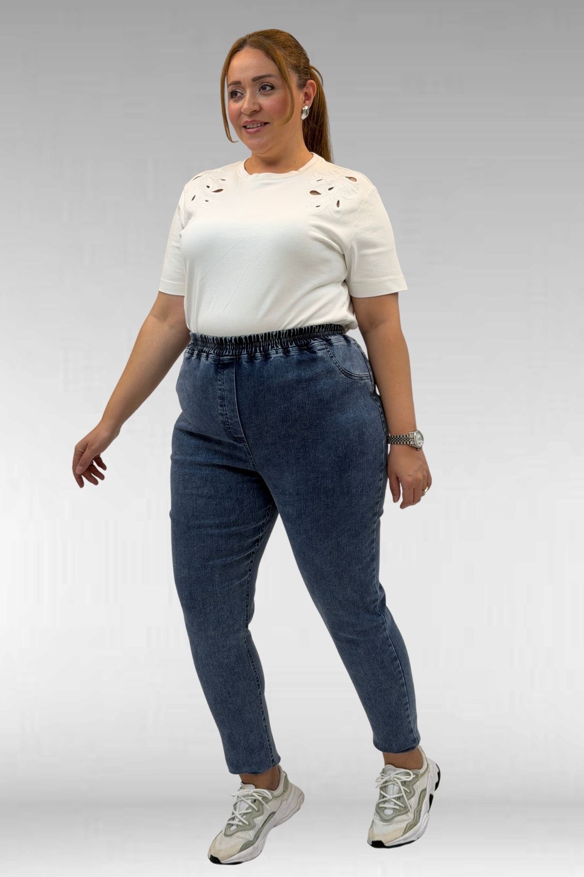 69002 Büyük Beden Beli Lastikli Darpaça Uzun Kot Pantolon - Koyu Mavi