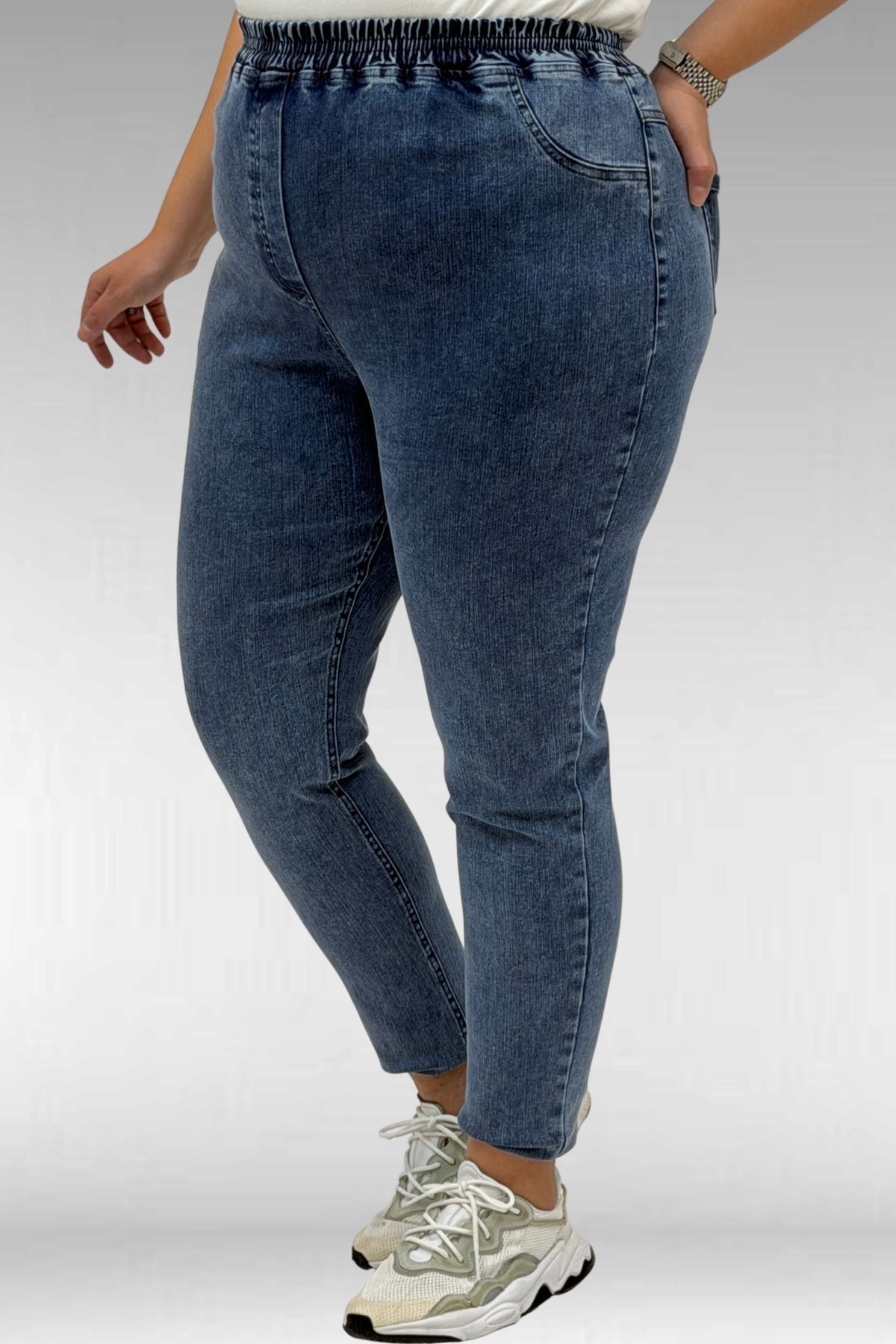 69002 Büyük Beden Beli Lastikli Darpaça Uzun Kot Pantolon - Koyu Mavi