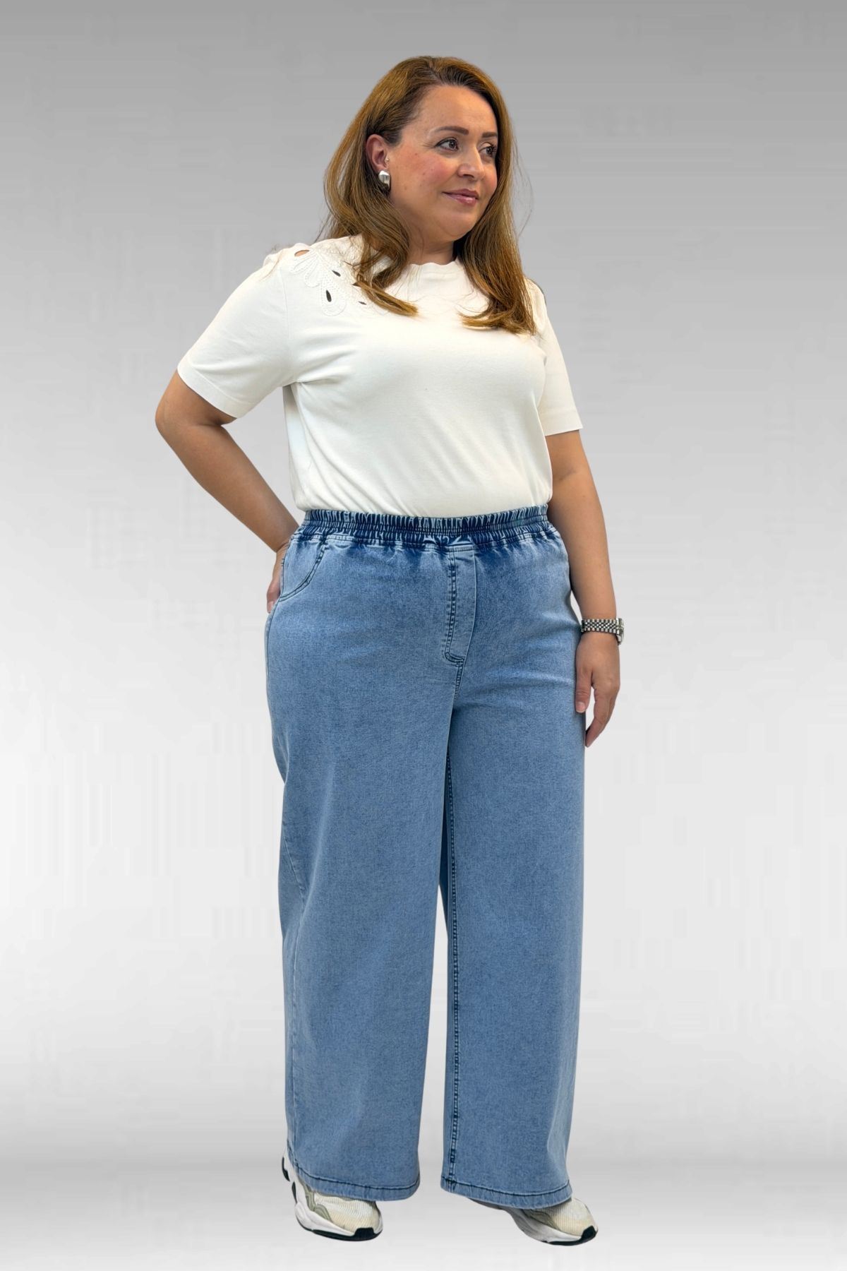 69003 Büyük Beden Beli Lastikli Bolpaça Kot Pantolon - Açık Mavi