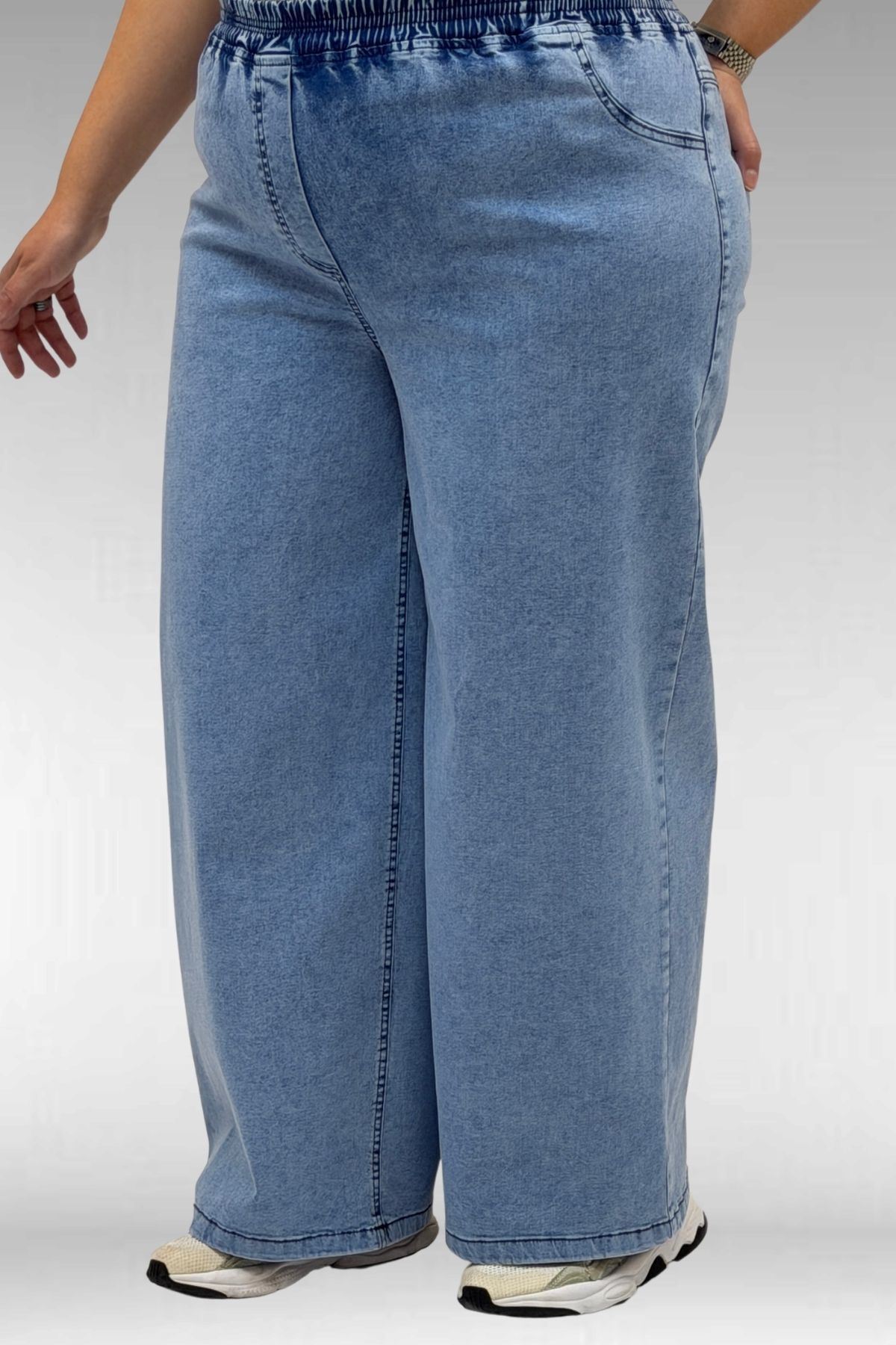 69003 Büyük Beden Beli Lastikli Bolpaça Kot Pantolon - Açık Mavi