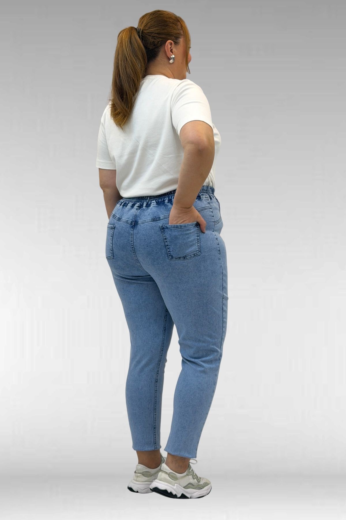 69002 Büyük Beden Beli Lastikli Darpaça Uzun Kot Pantolon - Mavi