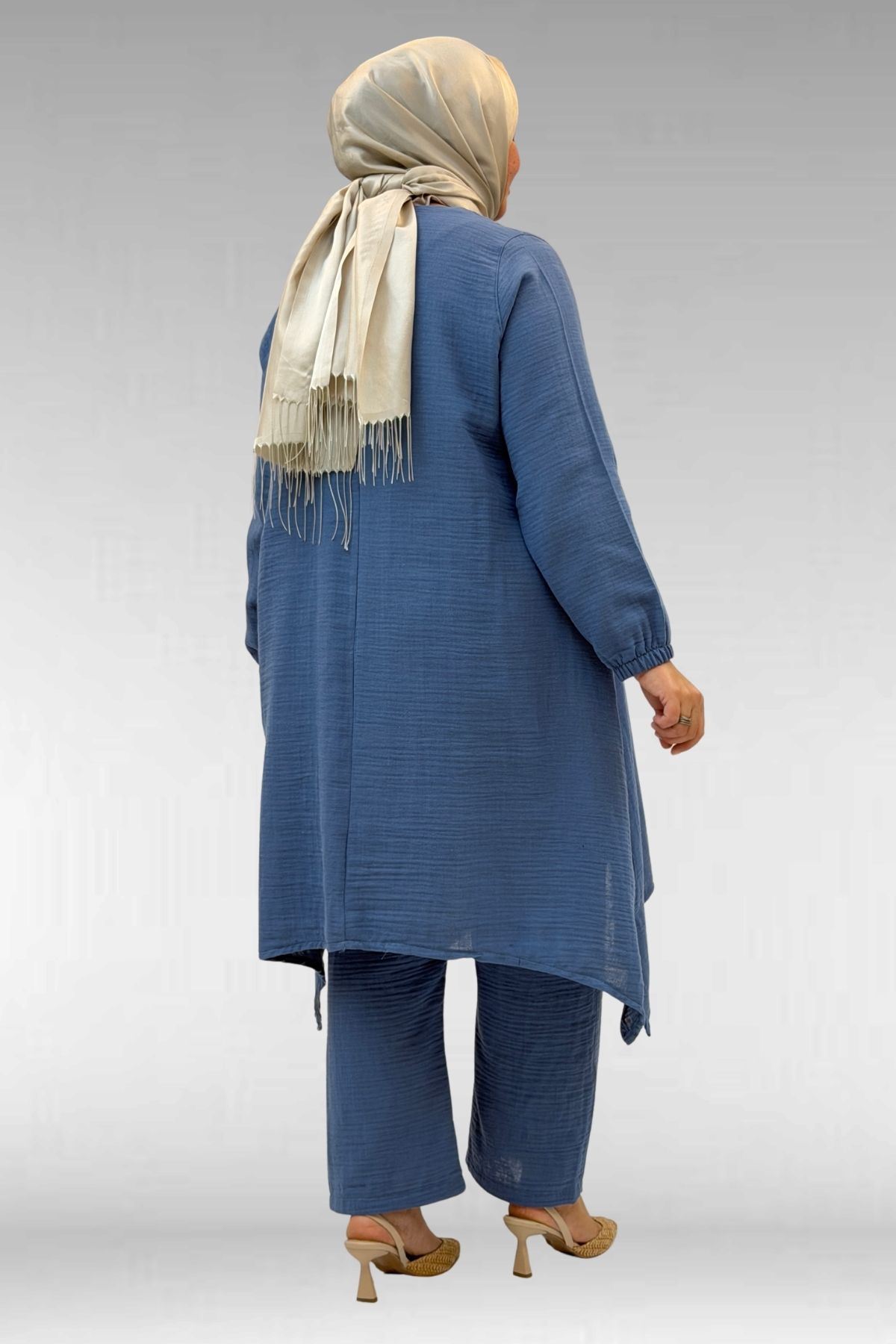 67044 Büyük Beden Asimetrik Kesim Pantolonlu Müslin Takım - Soğuk Mavi