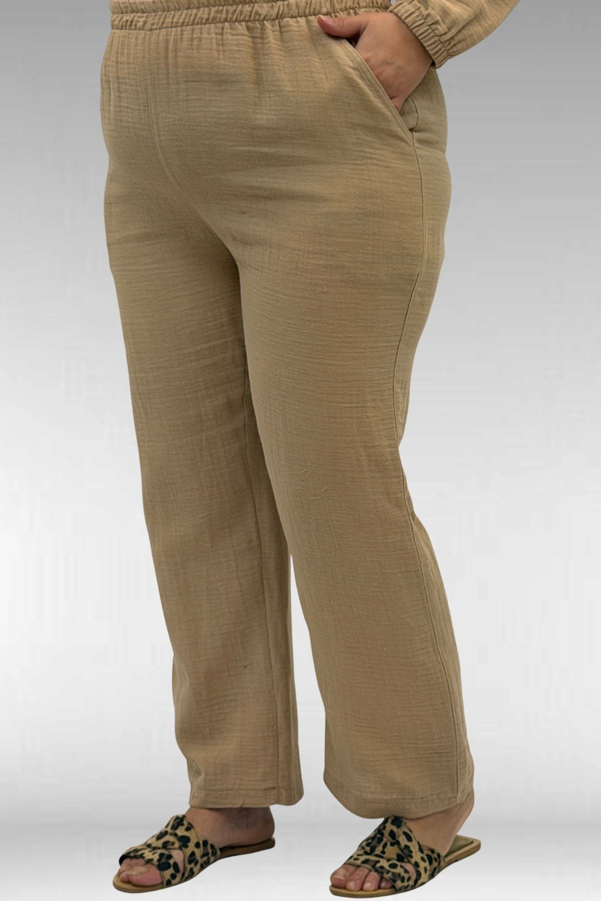 67044 Büyük Beden Asimetrik Kesim Pantolonlu Müslin Takım - Bej