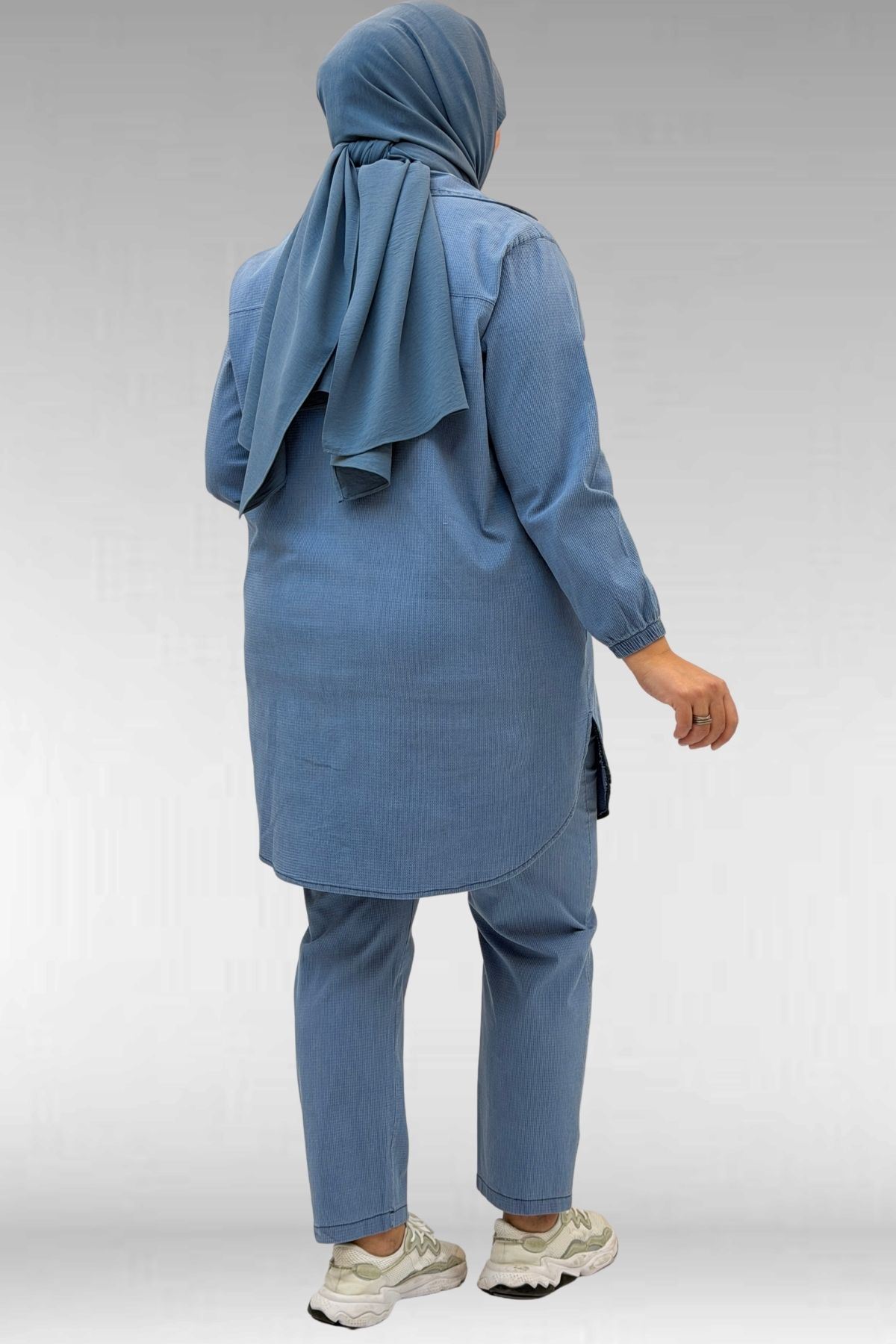 67042 Büyük Beden Kolları Lastikli Pantolonlu Takım - Mavi