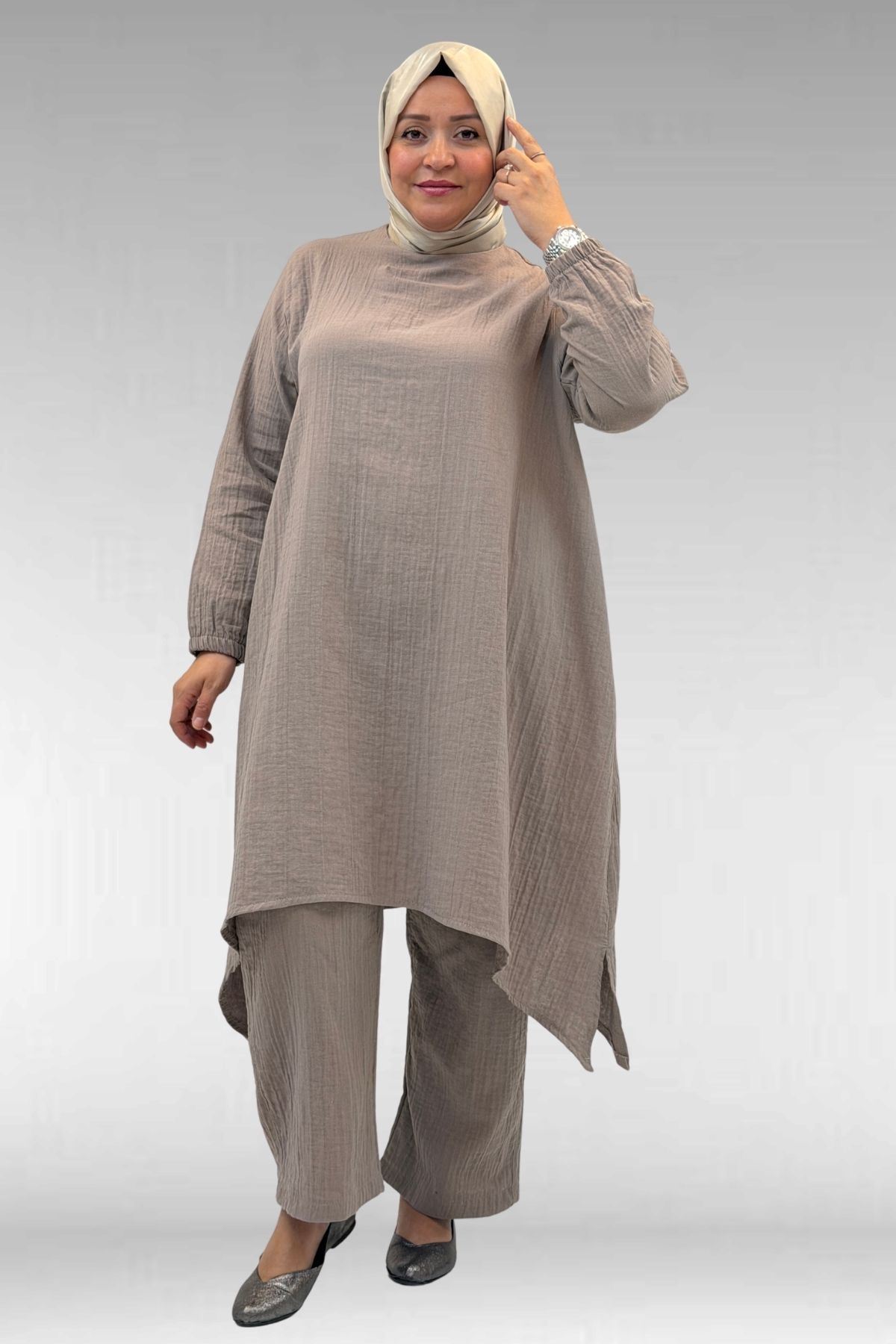 67044 Büyük Beden Asimetrik Kesim Pantolonlu Müslin Takım - Vizon