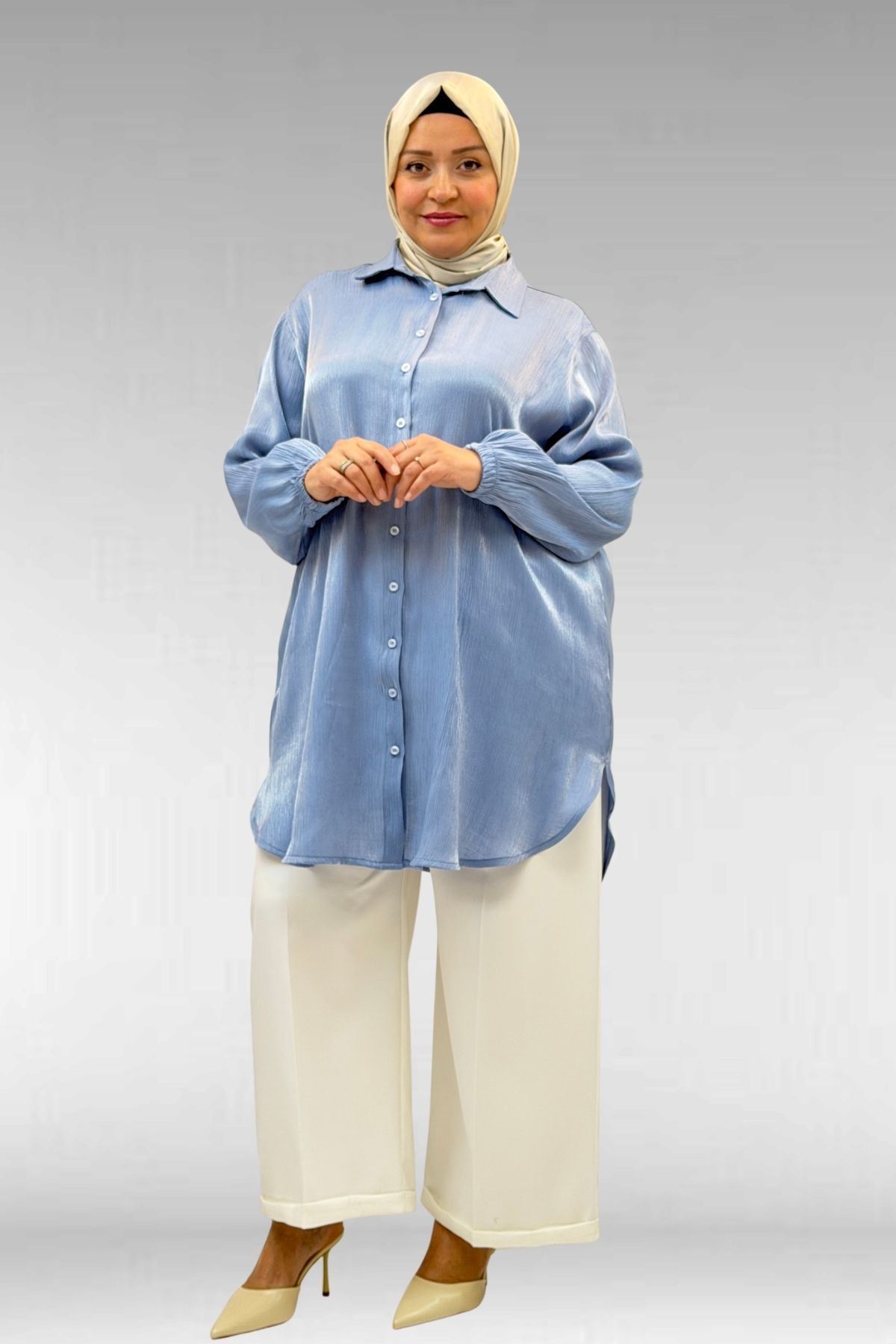 58085-1 Büyük Beden Kolları Lastikli Star Gömlek - İndigo