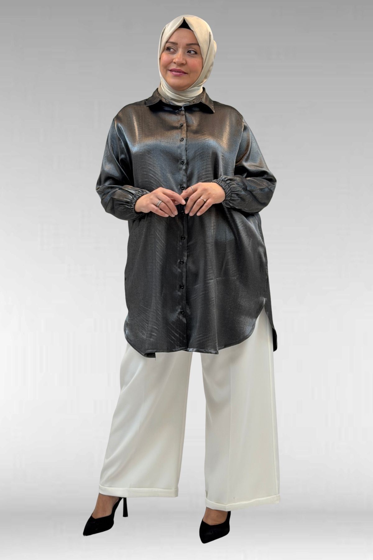 58085-1 Büyük Beden Kolları Lastikli Star Gömlek - Siyah