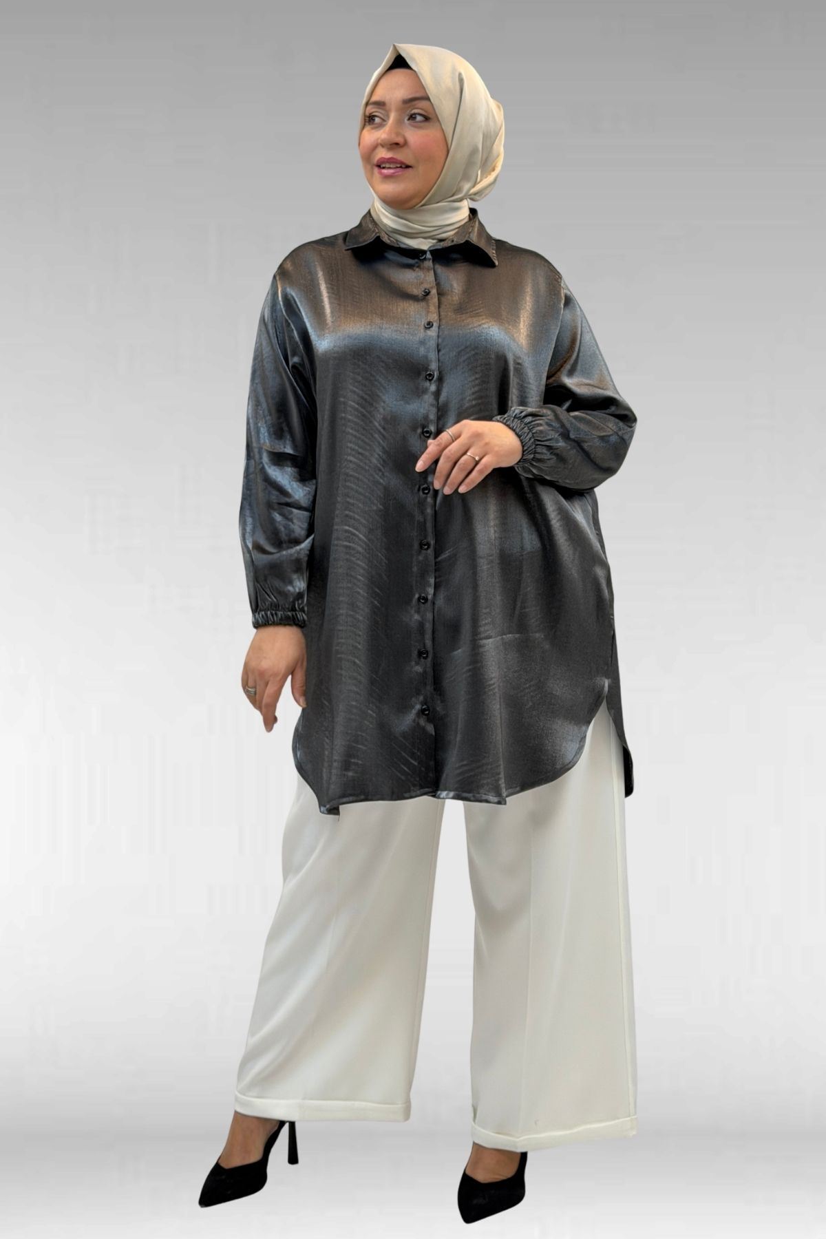 58085-1 Büyük Beden Kolları Lastikli Star Gömlek - Siyah