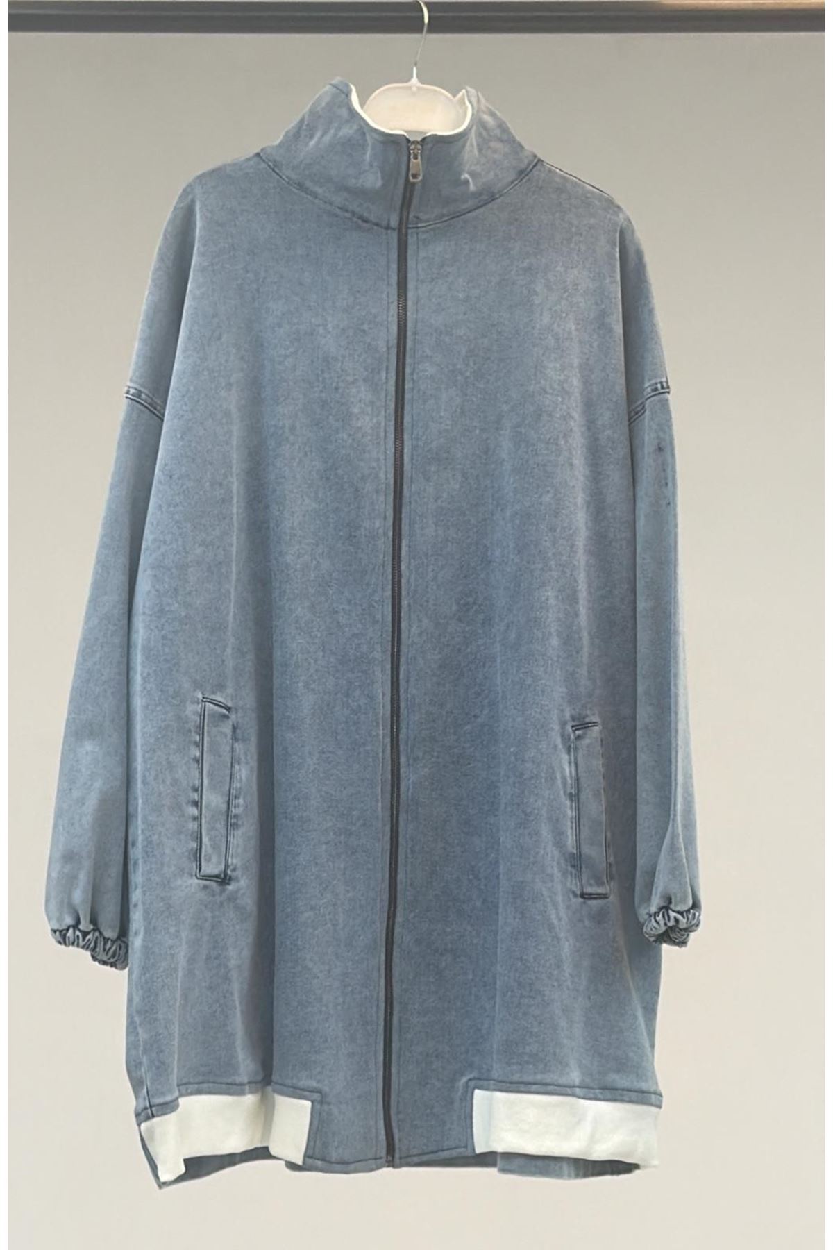 D-57081 Büyük Beden İki İplik Kombinli Kot Pantolonlu Takım Üstü  - Buz Mavi