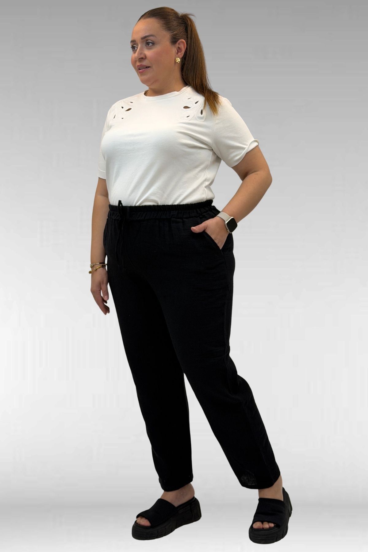 59020 Büyük Beden Beli Lastikli Müslin Dar Paça Pantolon - Siyah