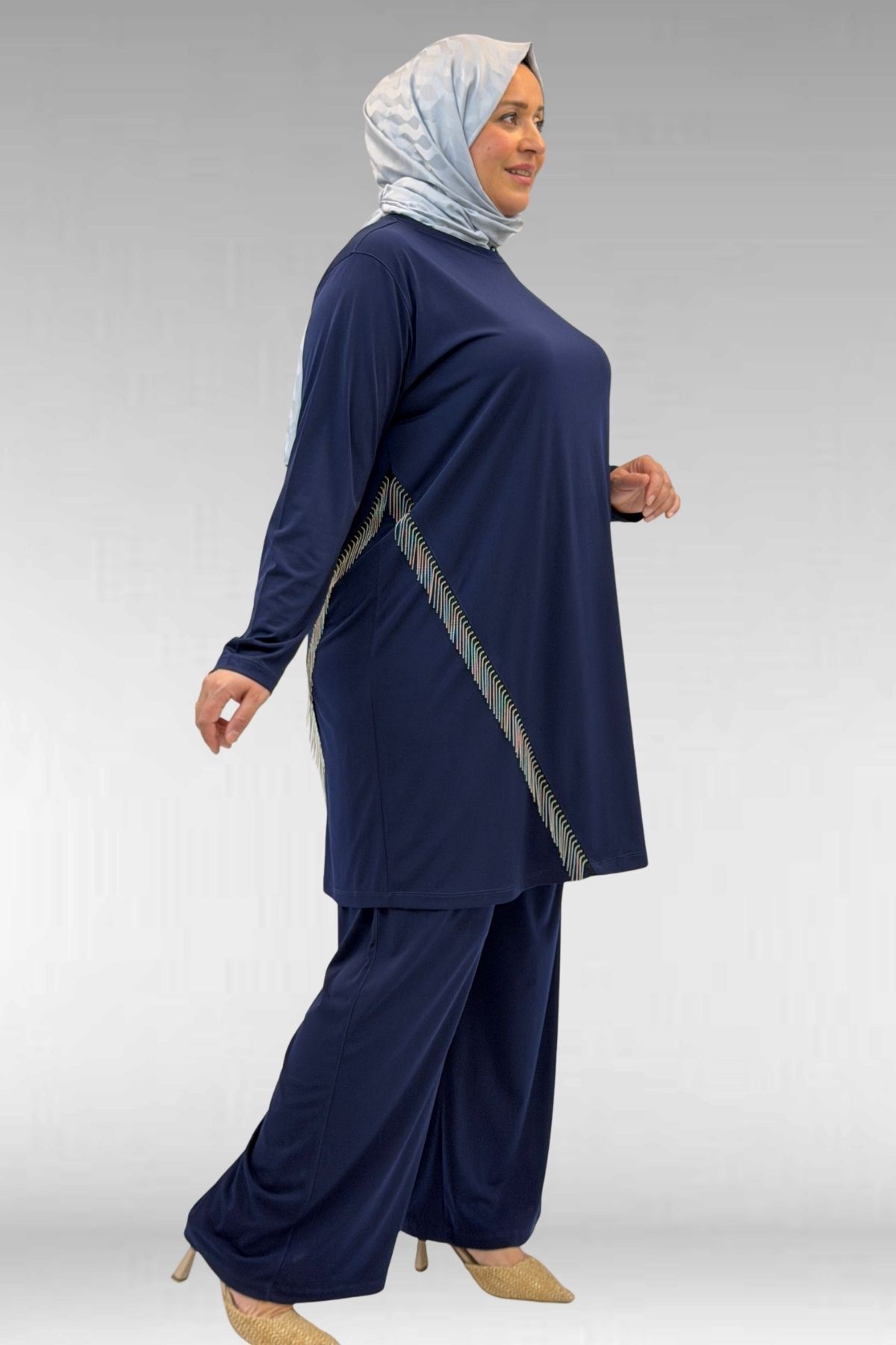 67043 Büyük Beden Püskül Detaylı Sandy Pantolonlu Takım - Lacivert