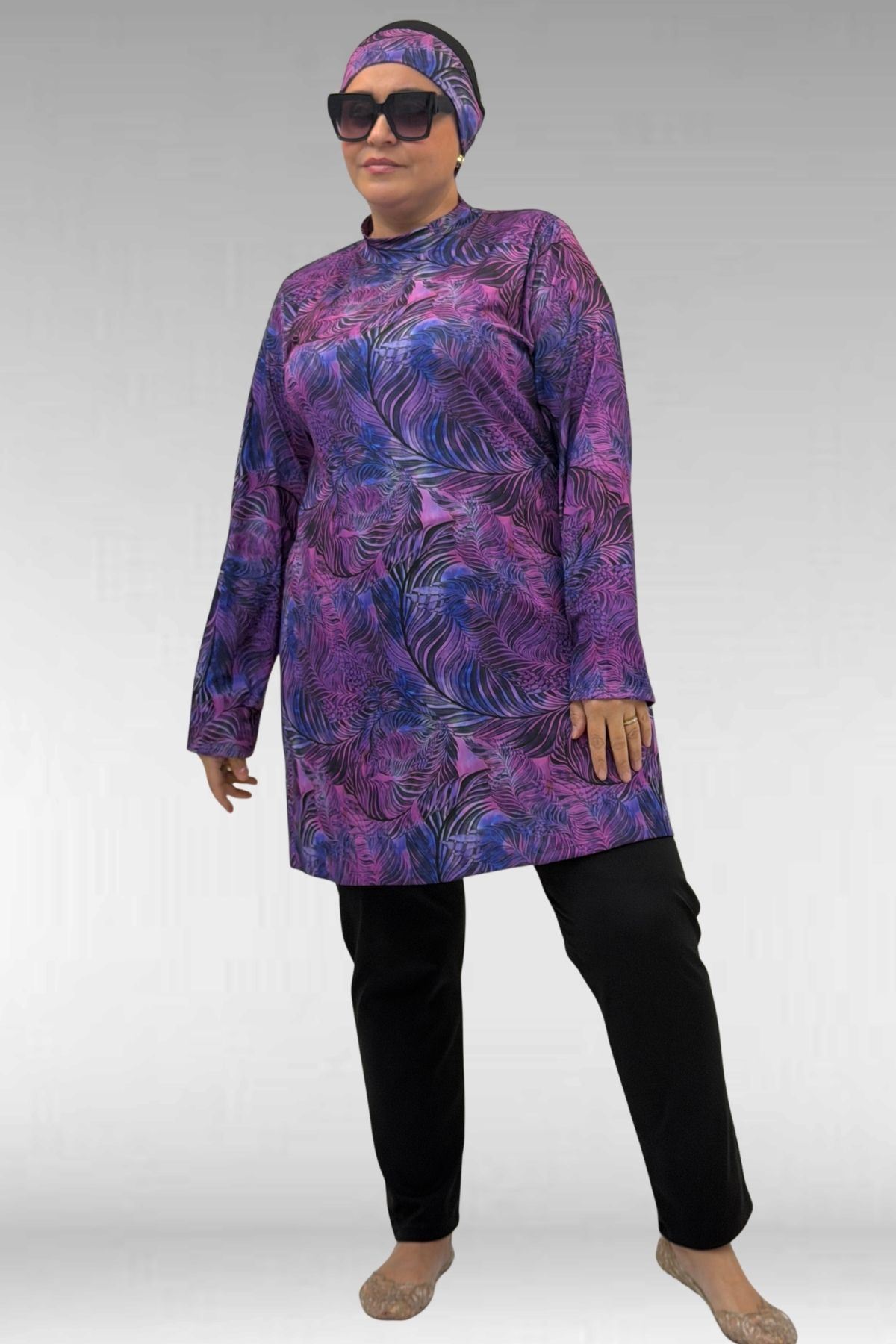 1727 Büyük Beden Uzunkol Tesettür Mayo Takım - Yaprak Desen Mor-Siyah