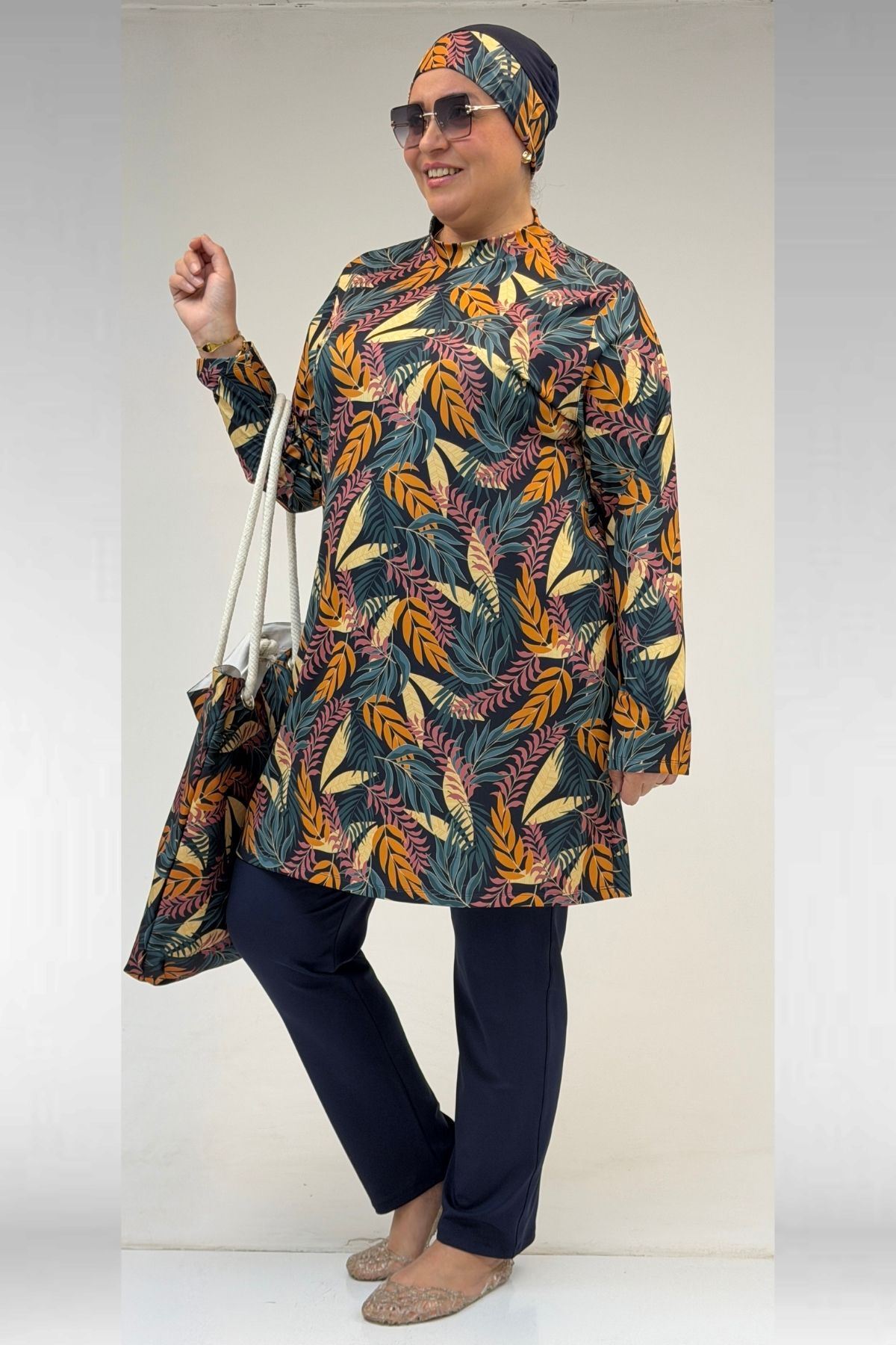 1727 Büyük Beden Uzunkol Tesettür Mayo Takım - Yaprak Desen Hardal-Laci