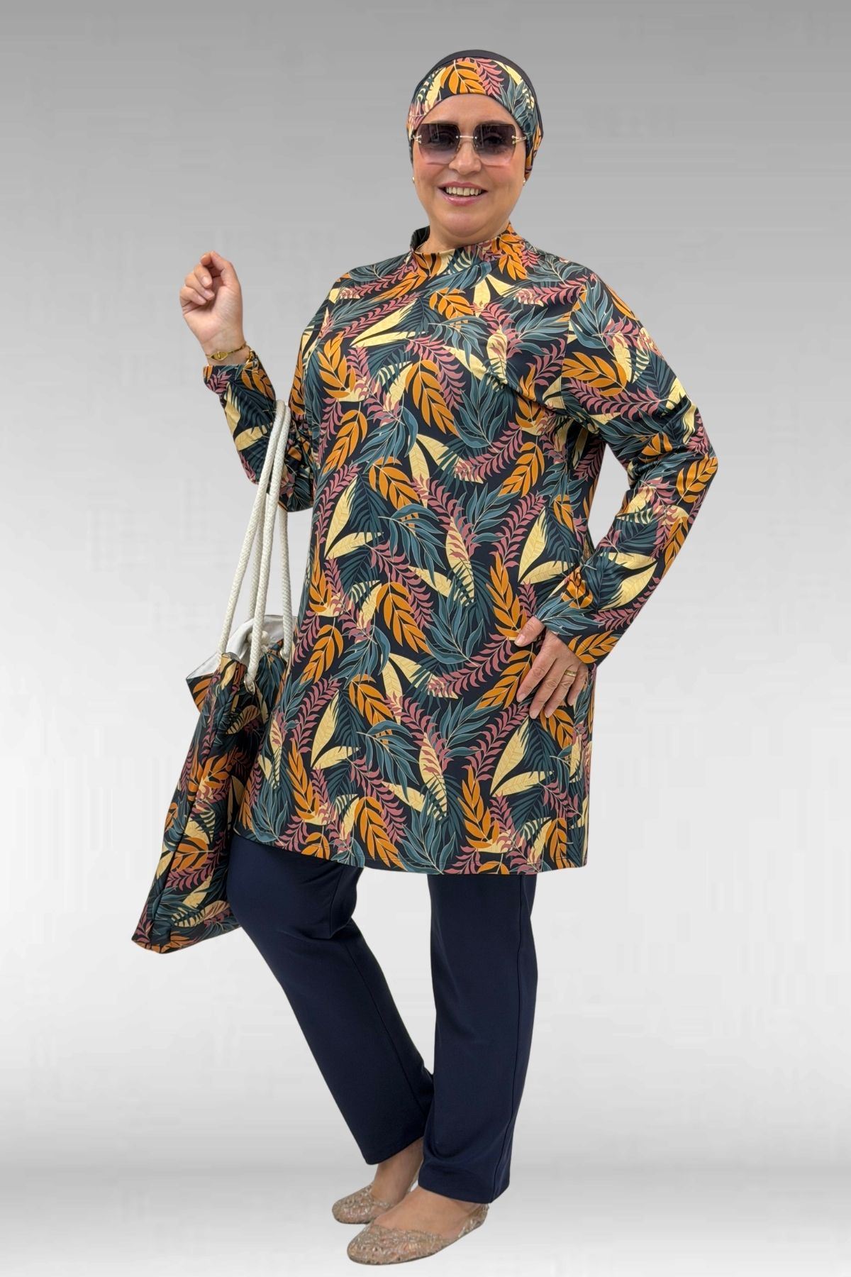 1727 Büyük Beden Uzunkol Tesettür Mayo Takım - Yaprak Desen Hardal-Laci