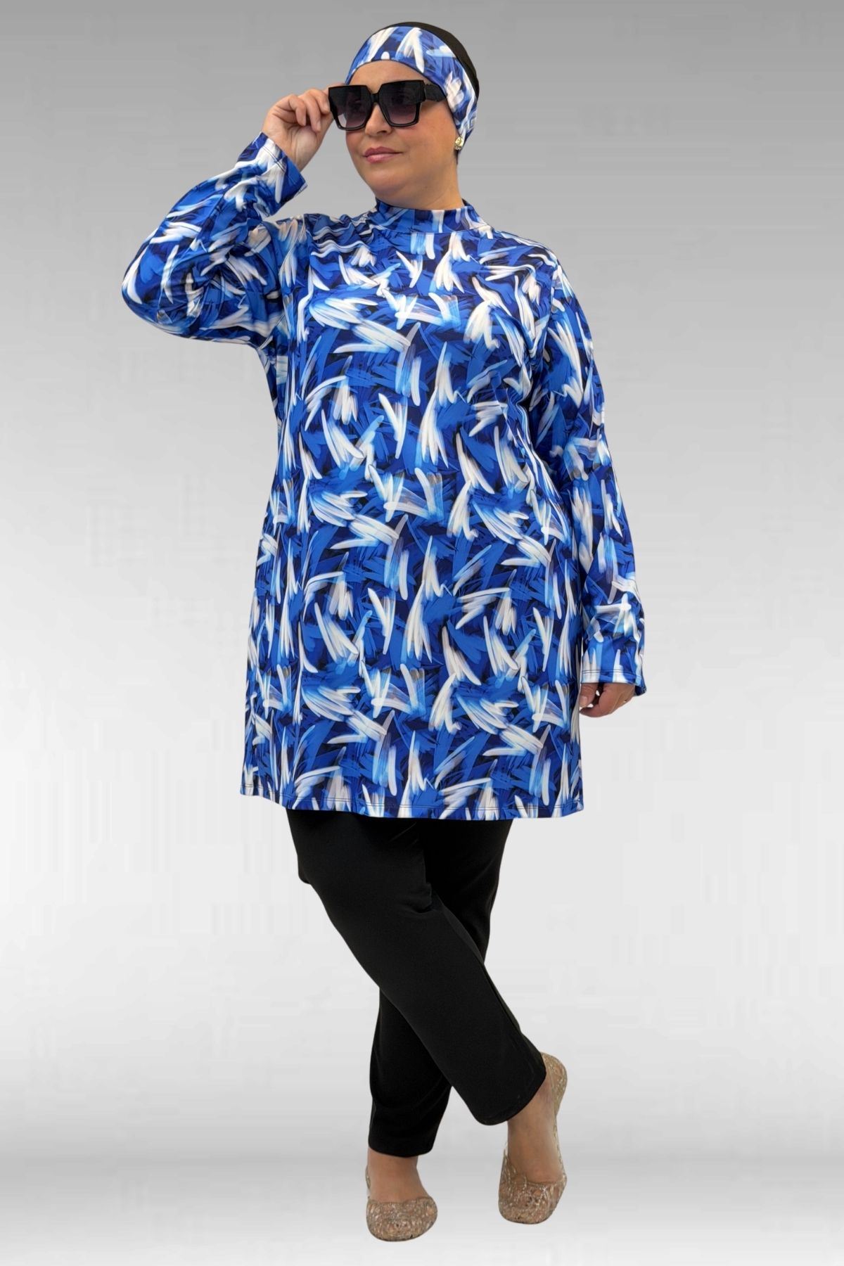 1727 Büyük Beden Uzunkol Tesettür Mayo Takım - Fırça Desen Saks-Siyah