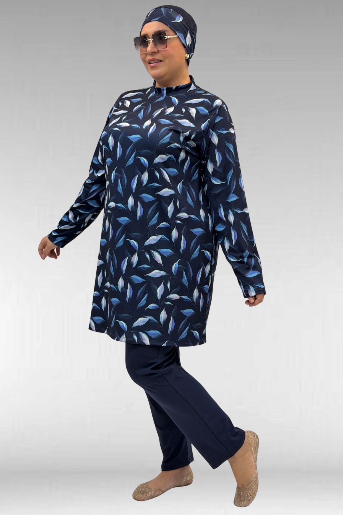 1727 Büyük Beden Uzunkol Tesettür Mayo Takım - Laci Yaprak Desenli-Laci