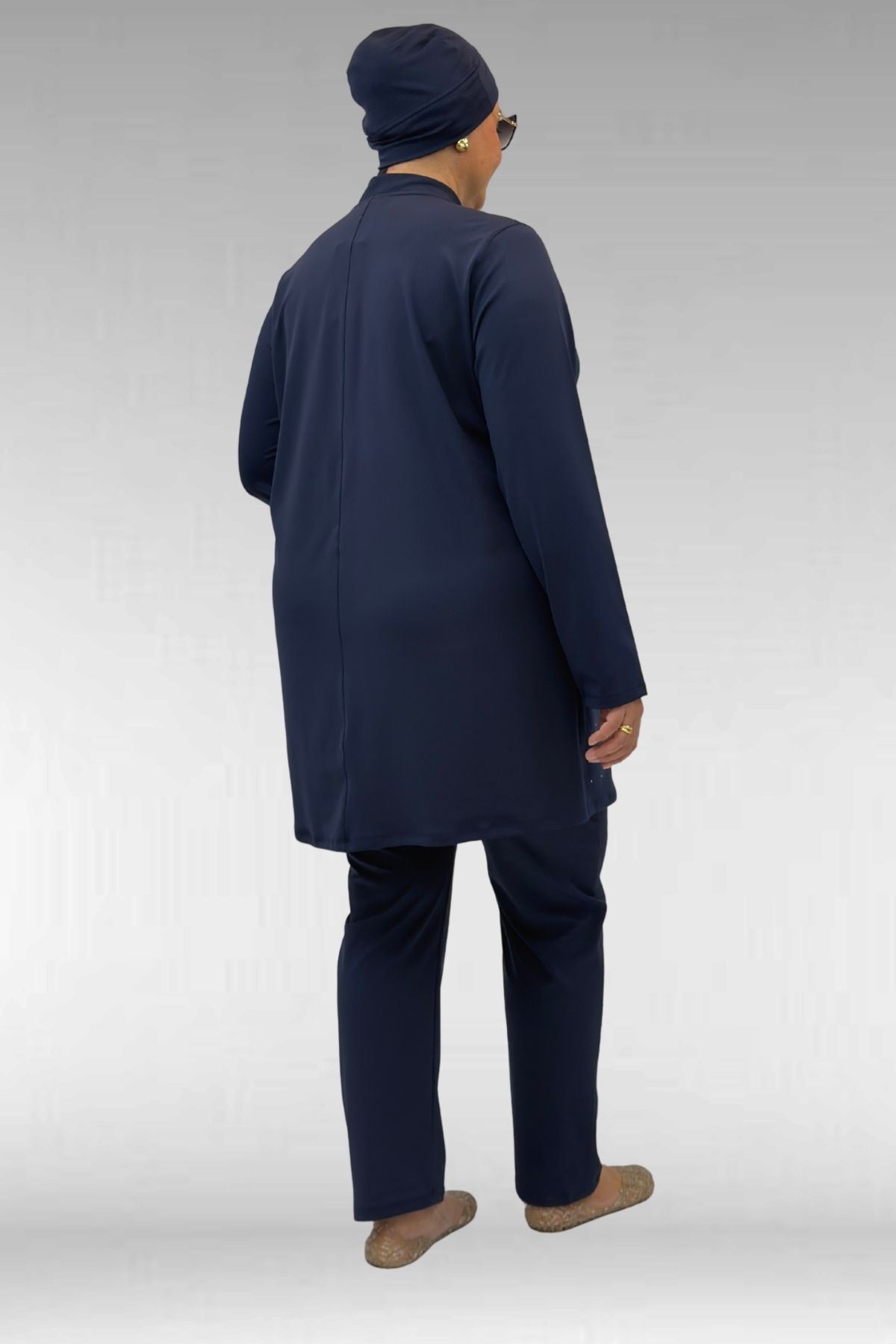 1739 Büyük Beden Önü Taş Baskılı Uzunkol Tesettür Mayo - Lacivert
