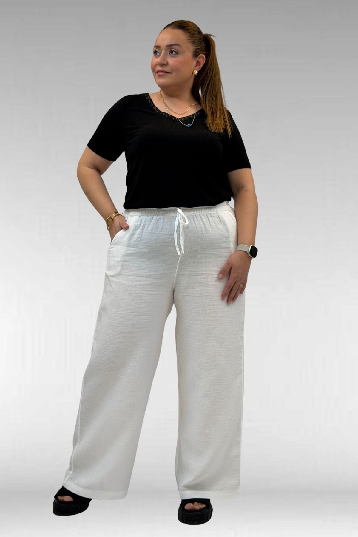 59021 Büyük Beden Beli Lastikli Müslin Bol Paça Pantolon - Ekru