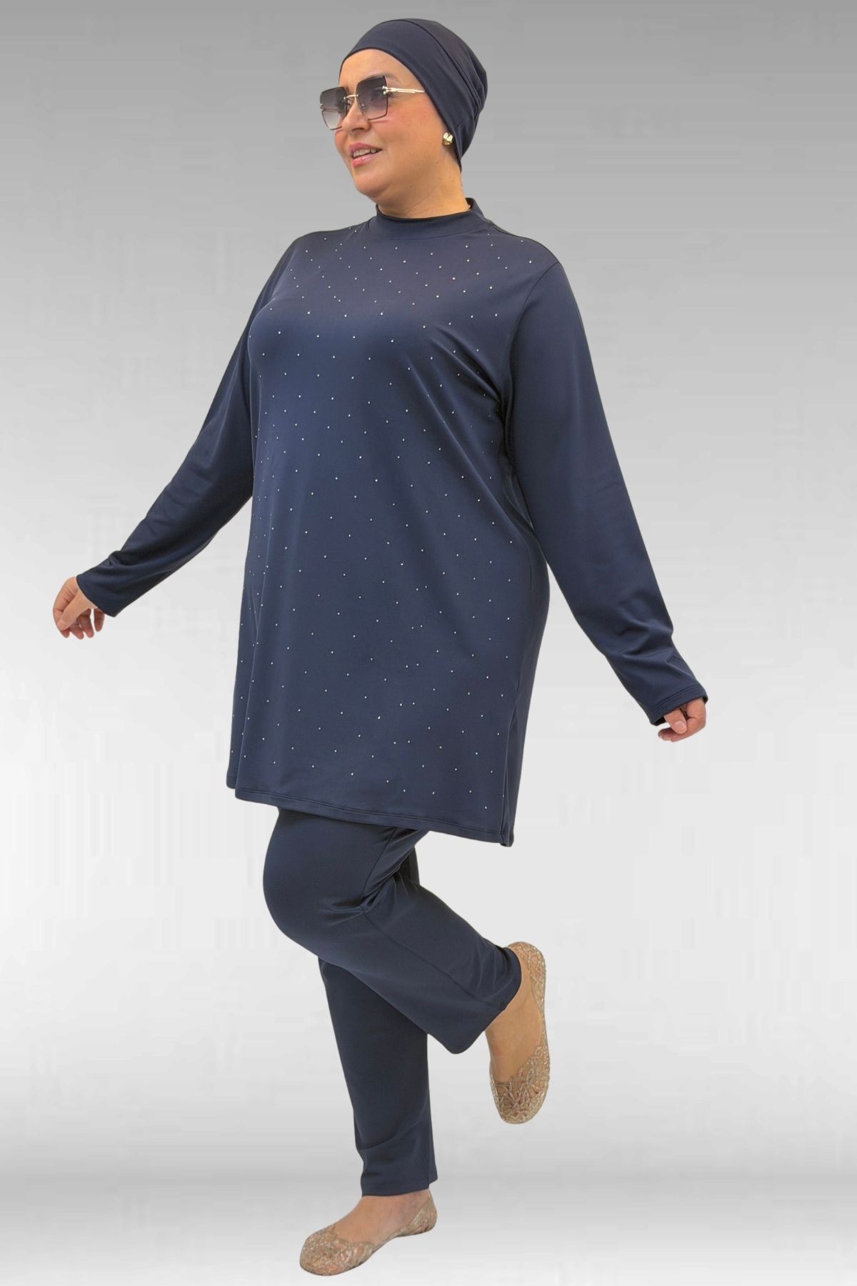 1739 Büyük Beden Önü Taş Baskılı Uzunkol Tesettür Mayo - Lacivert