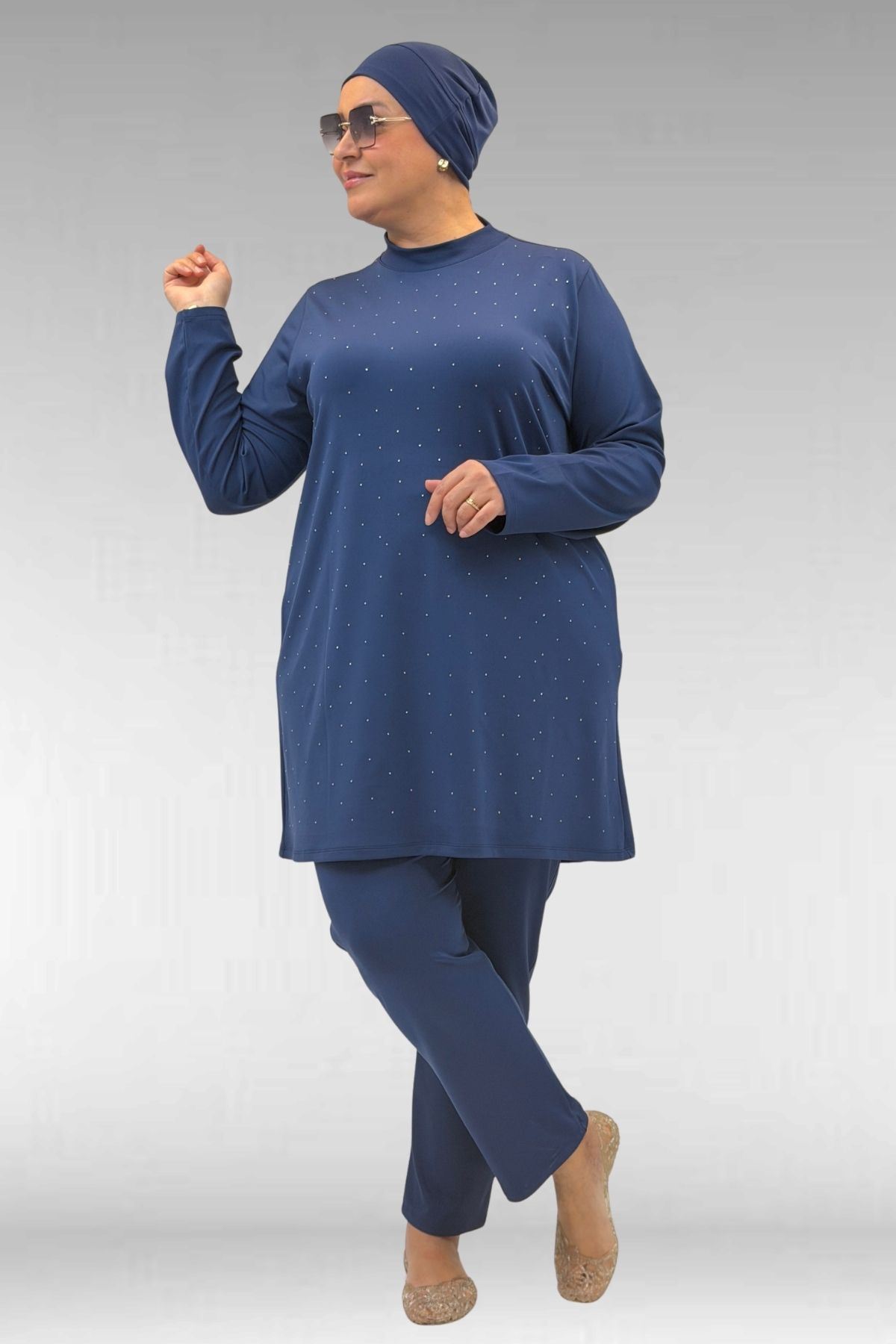 1739 Büyük Beden Önü Taş Baskılı Uzunkol Tesettür Mayo - İndigo