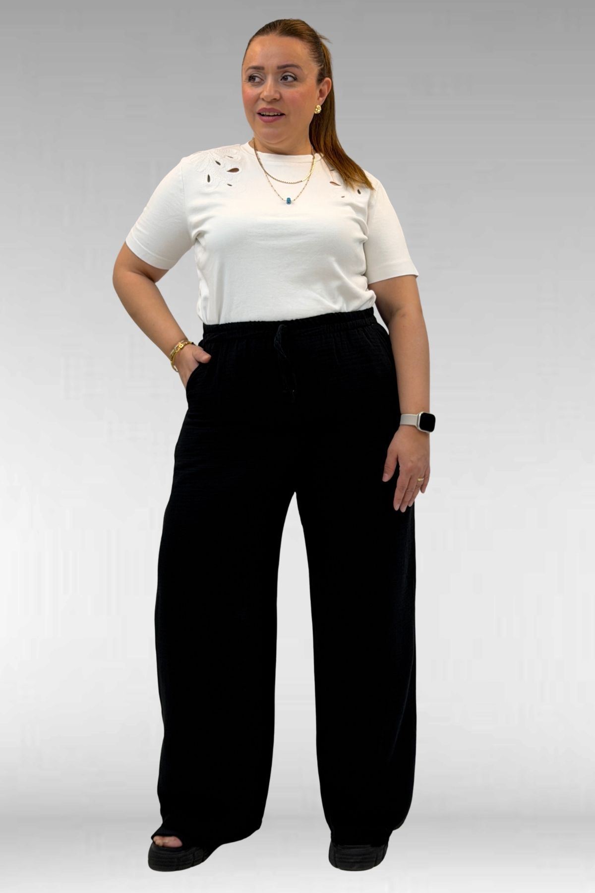 59021 Büyük Beden Beli Lastikli Müslin Bol Paça Pantolon - Siyah