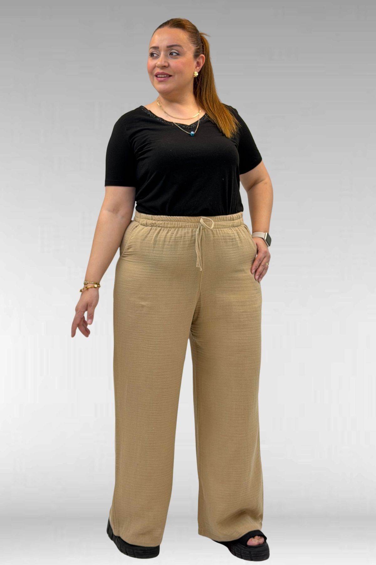 59021 Büyük Beden Beli Lastikli Müslin Bol Paça Pantolon - Vizon