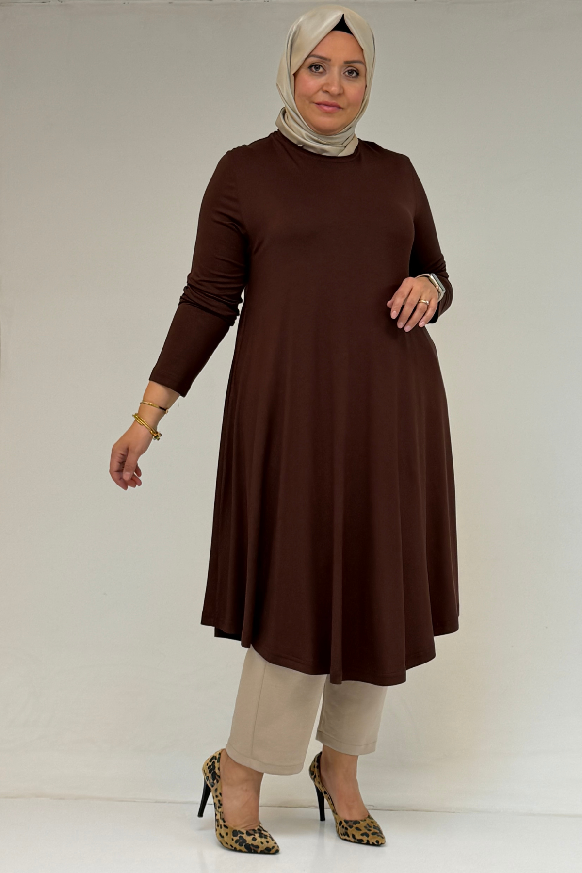 28016 Büyük Beden Mevlana Penye Tunik - Kahve