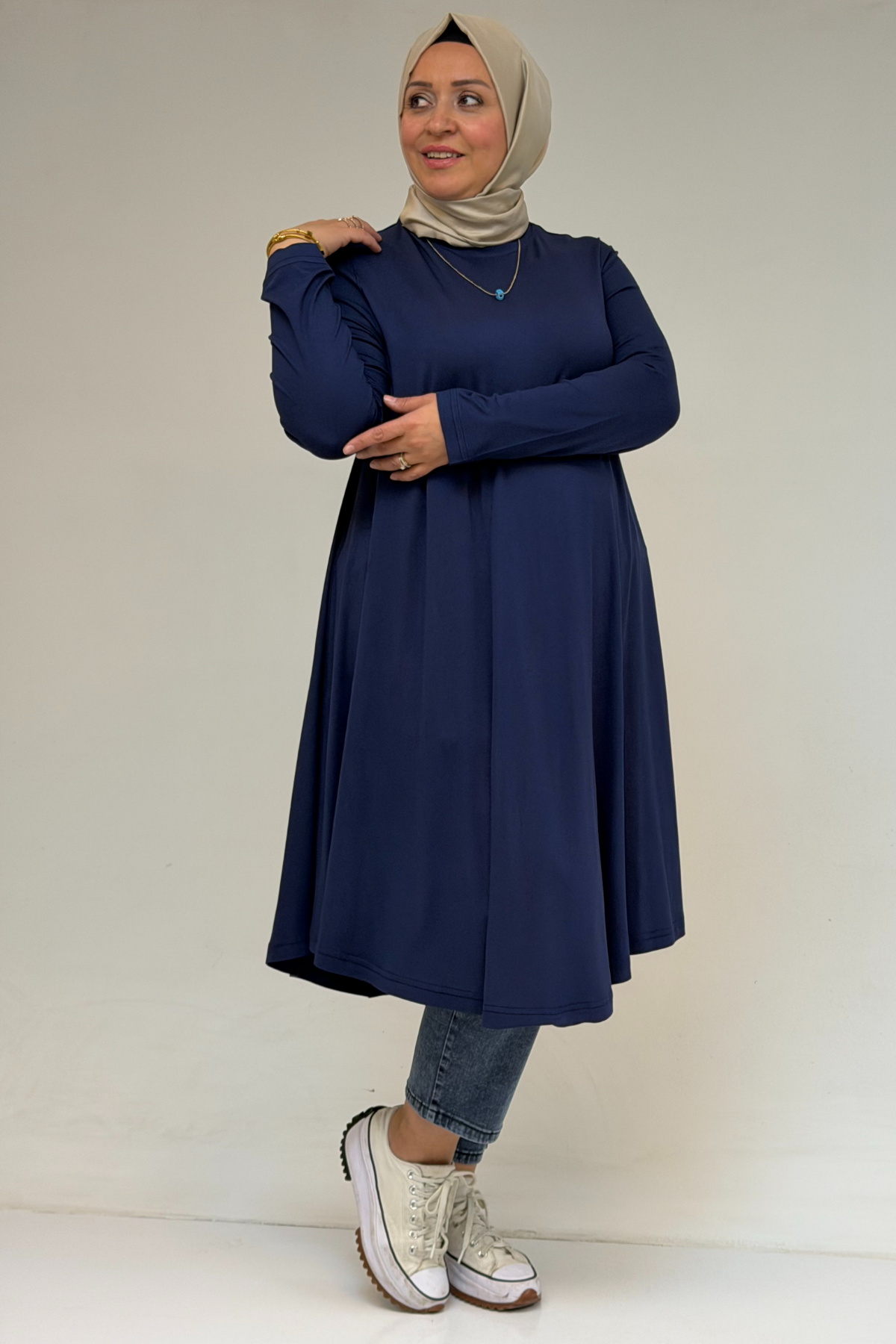 28016 Büyük Beden Mevlana Penye Tunik - İndigo