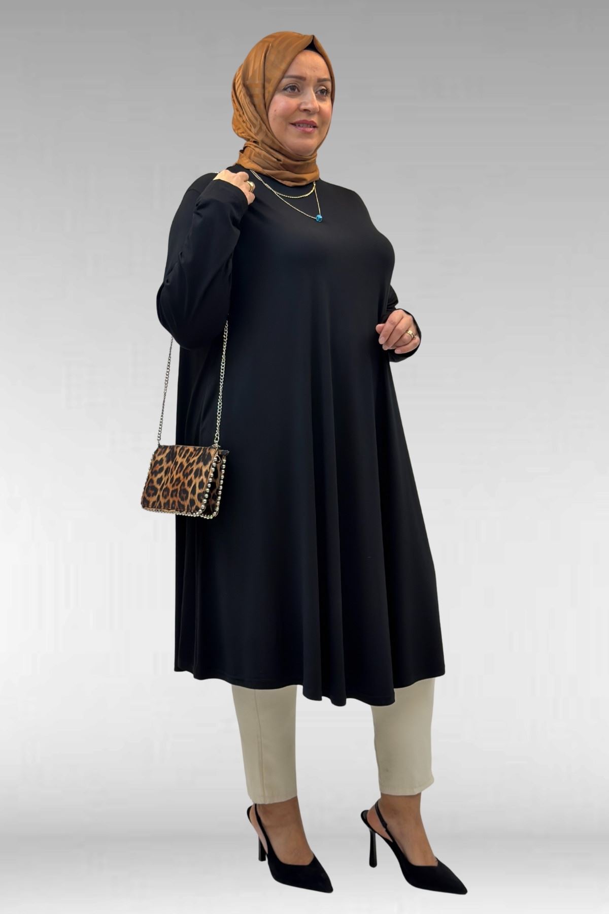 28016 Büyük Beden Mevlana Penye Tunik - Siyah