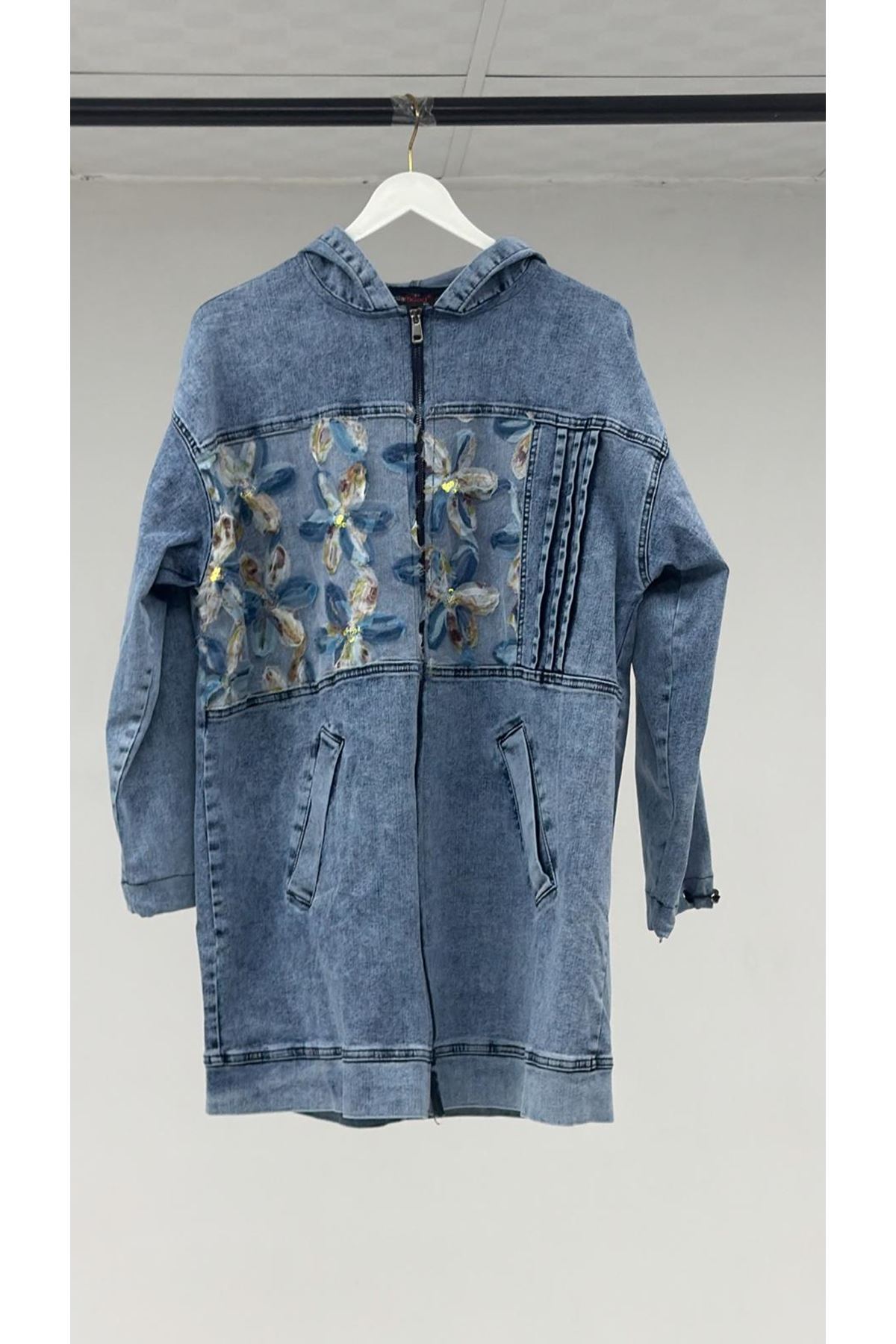 T-53068 Büyük Beden Bebe Lastik Detaylı Kot Ceket - Mavi