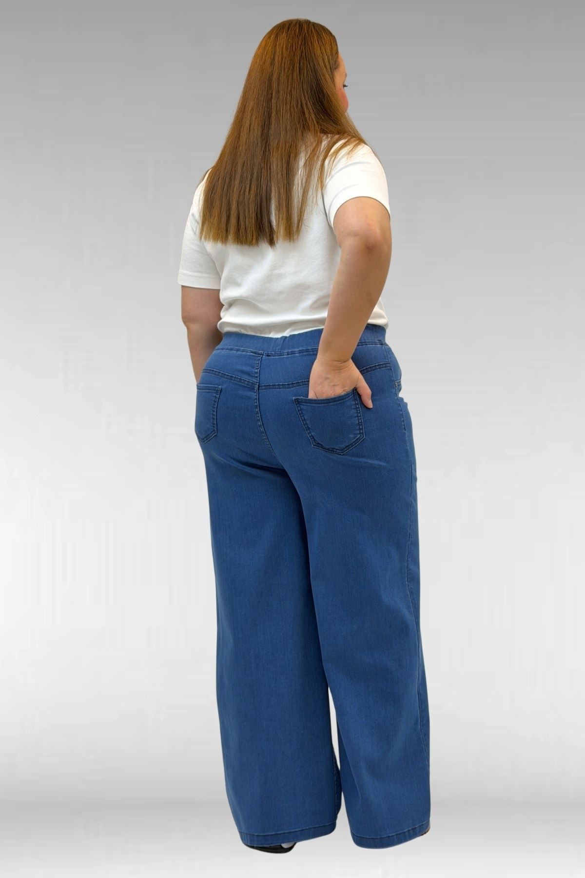 9182-9 Büyük Beden Beli Lastikli Bolpaça Kot Pantolon - Açık Mavi