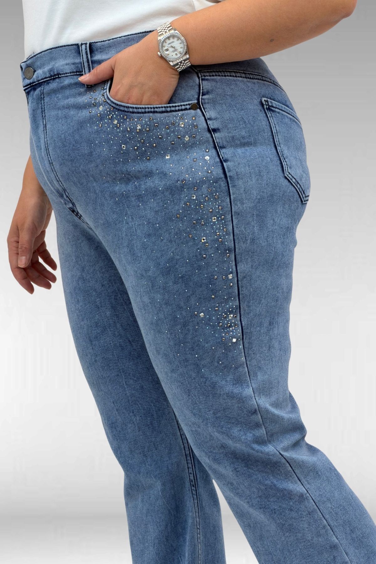 69004 Büyük Beden Yanları Taşlı İspanyol Kot Pantolon - Mavi