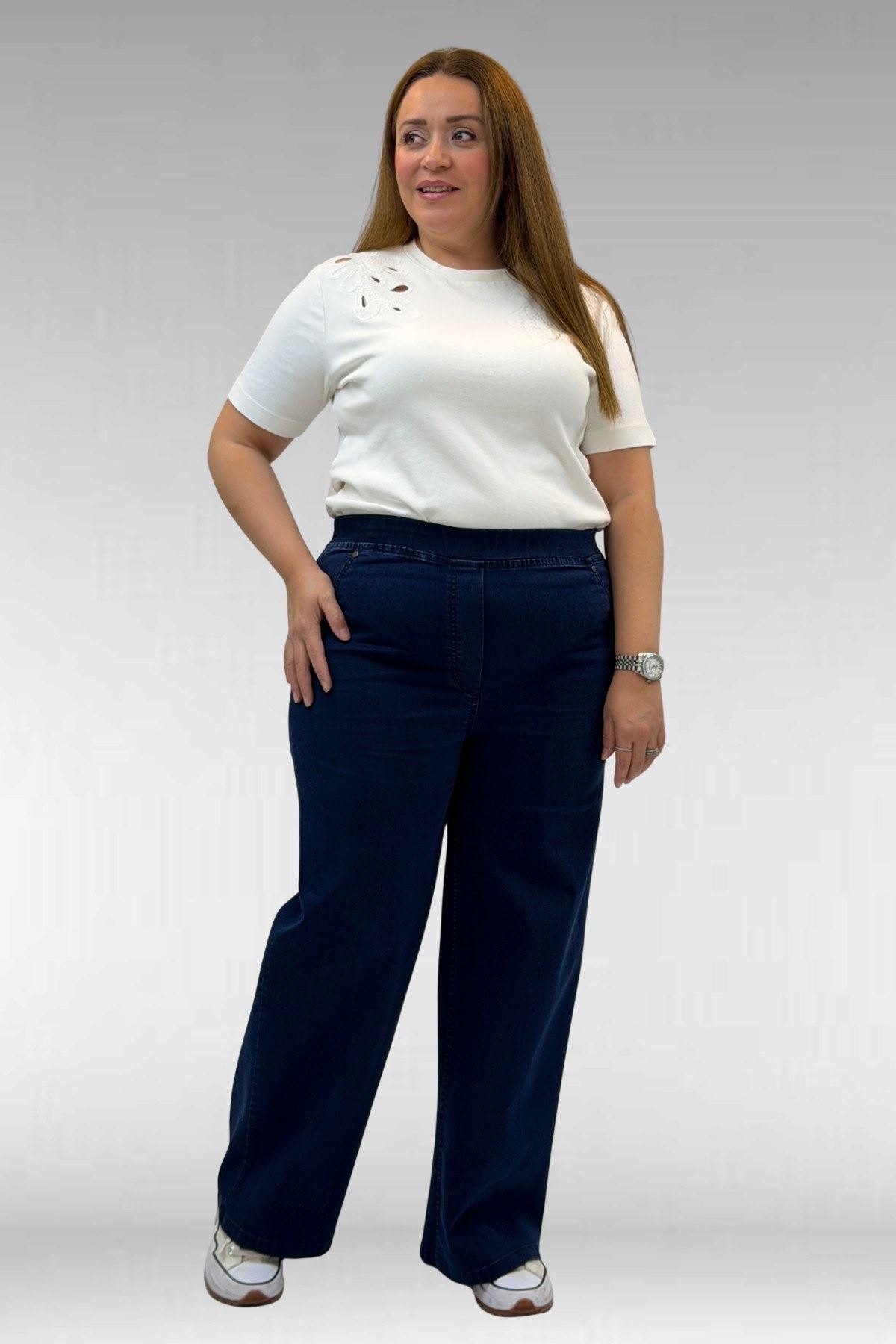 9182-9 Büyük Beden Beli Lastikli Bolpaça Kot Pantolon - Lacivert