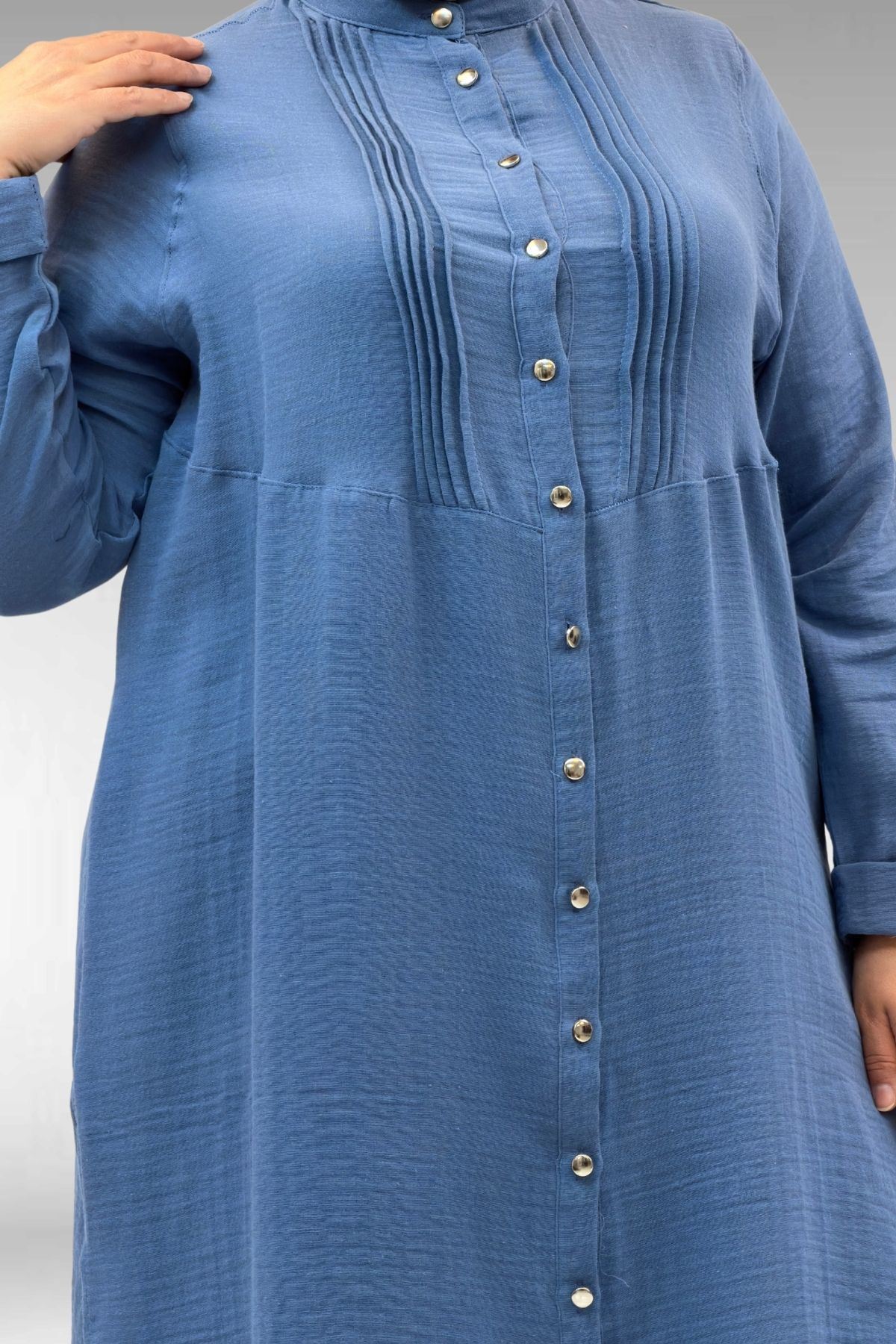 67023 Büyük Beden Önü Pile Detaylı Müslin Pantolonlu Takım - İndigo