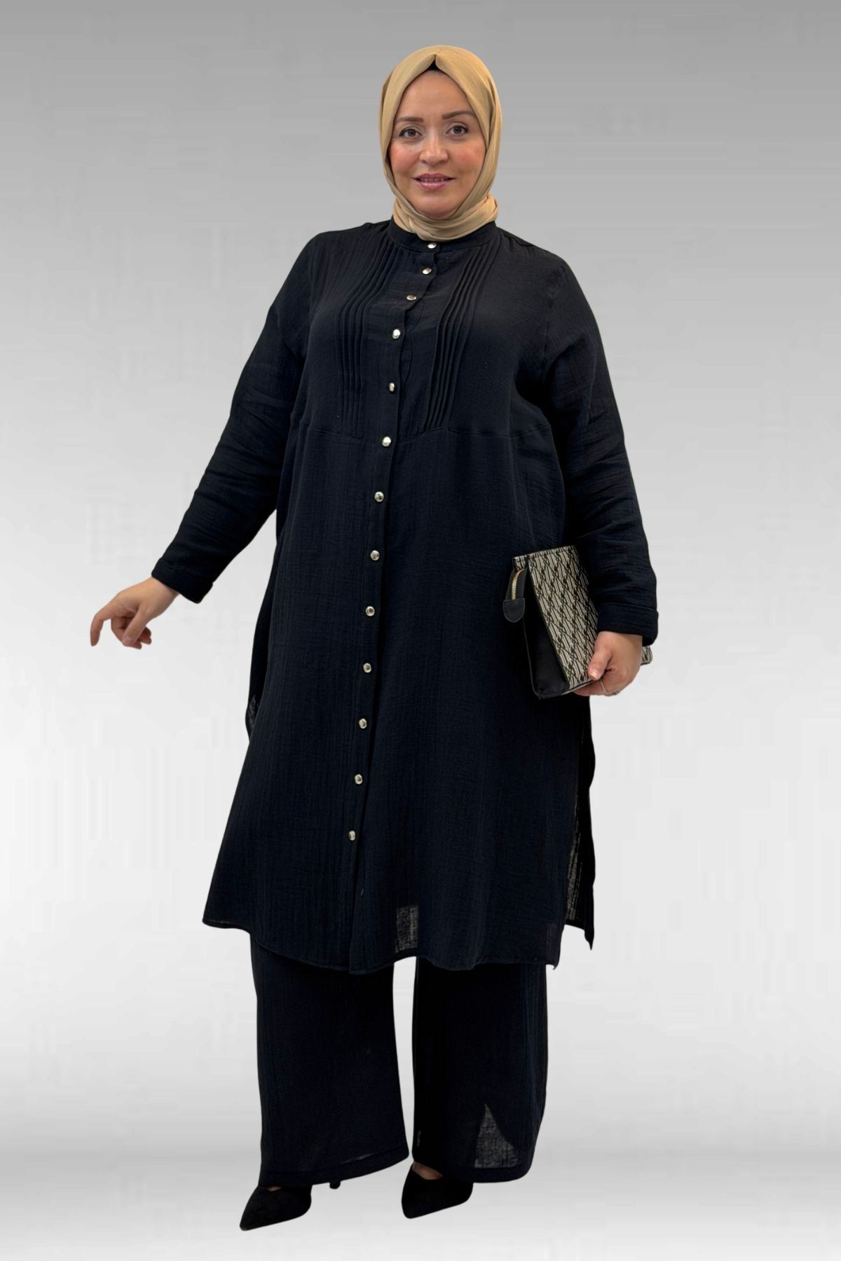 67023 Büyük Beden Önü Pile Detaylı Müslin Pantolonlu Takım - Siyah