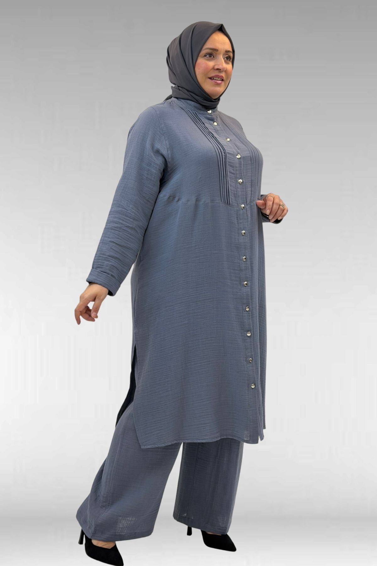 67023 Büyük Beden Önü Pile Detaylı Müslin Pantolonlu Takım - Antrasit