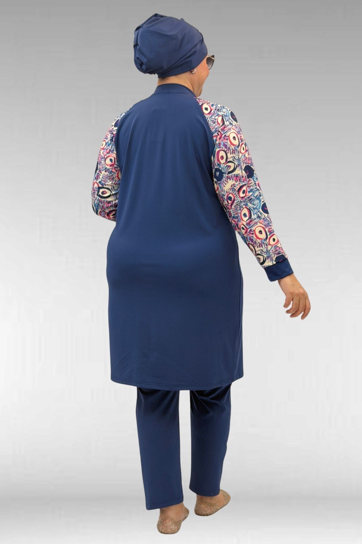 1732 Büyük Beden Balıkçı Yaka Fermuarlı Mayo - Göz Desen İndigo-İndigo