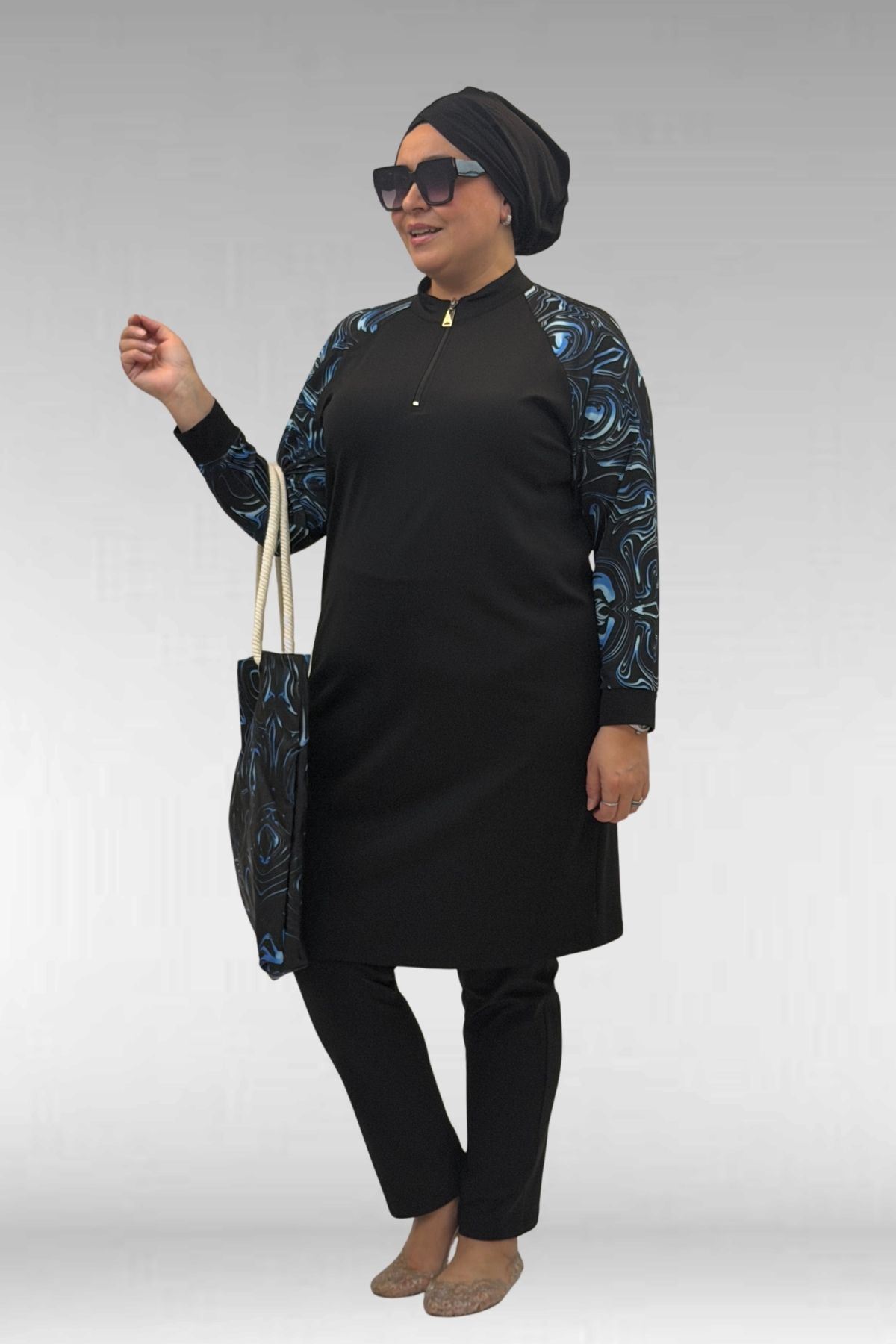 1732 Büyük Beden Balıkçı Yaka Fermuarlı Mayo - Aqua Mavi-Siyah