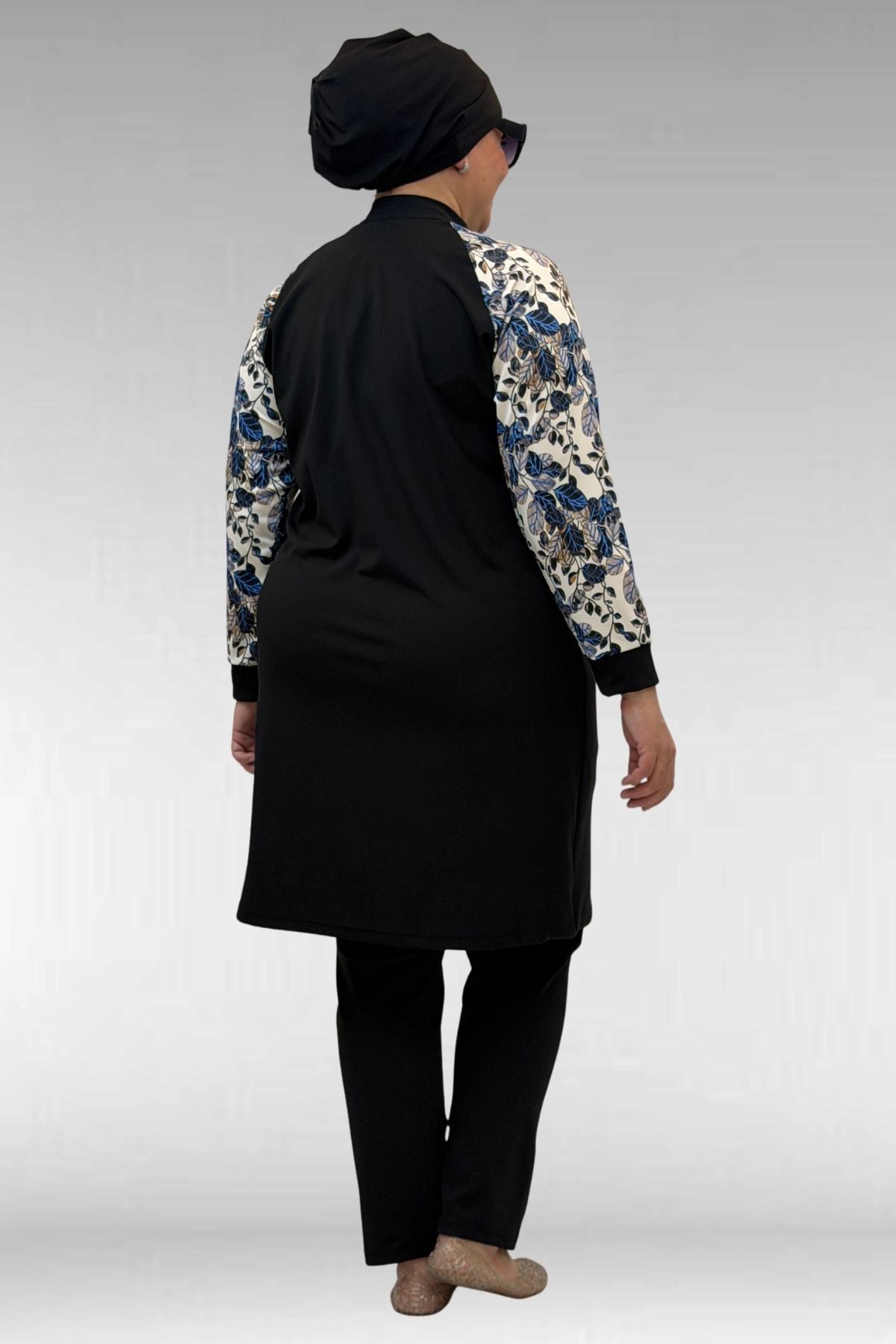 1732 Büyük Beden Balıkçı Yaka Fermuarlı Mayo - Yaprak Desen Mavi-Siyah