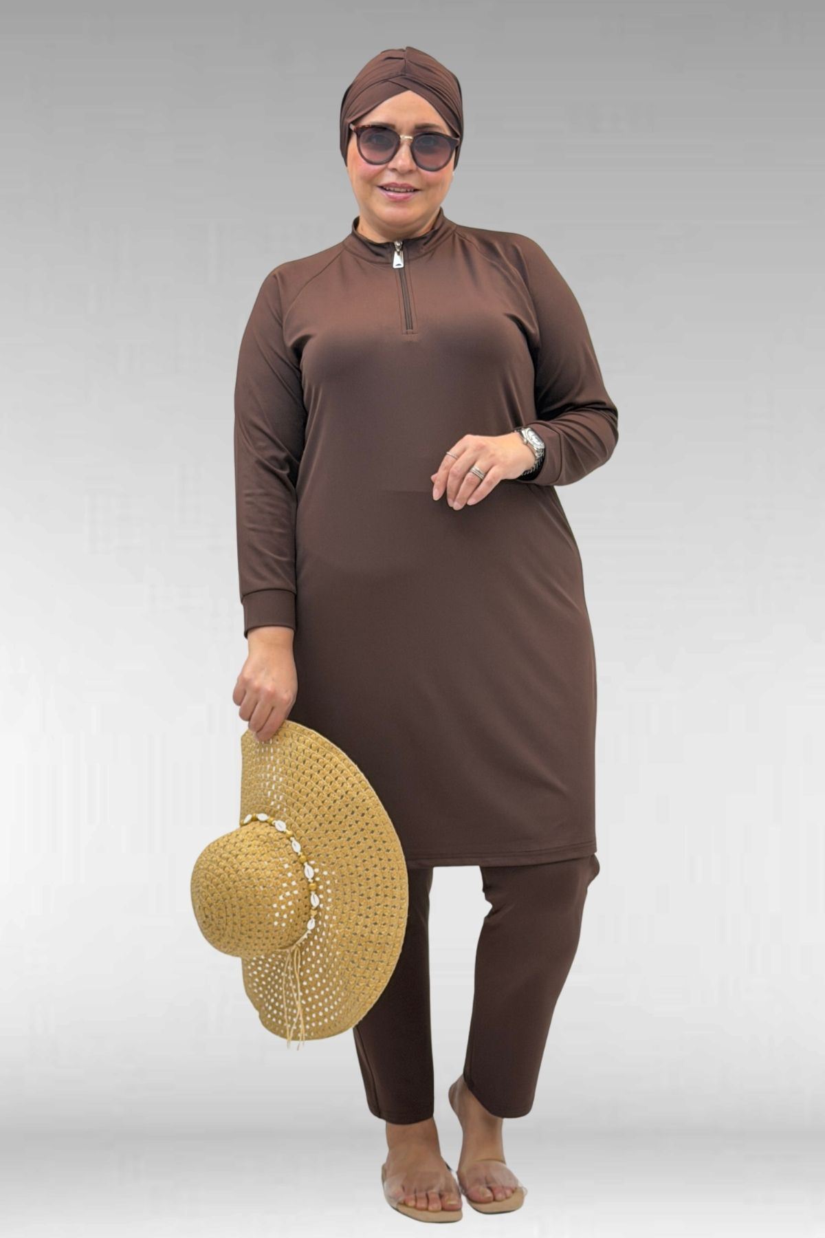 1732 Büyük Beden Balıkçı Yaka Fermuarlı Mayo - Kahve