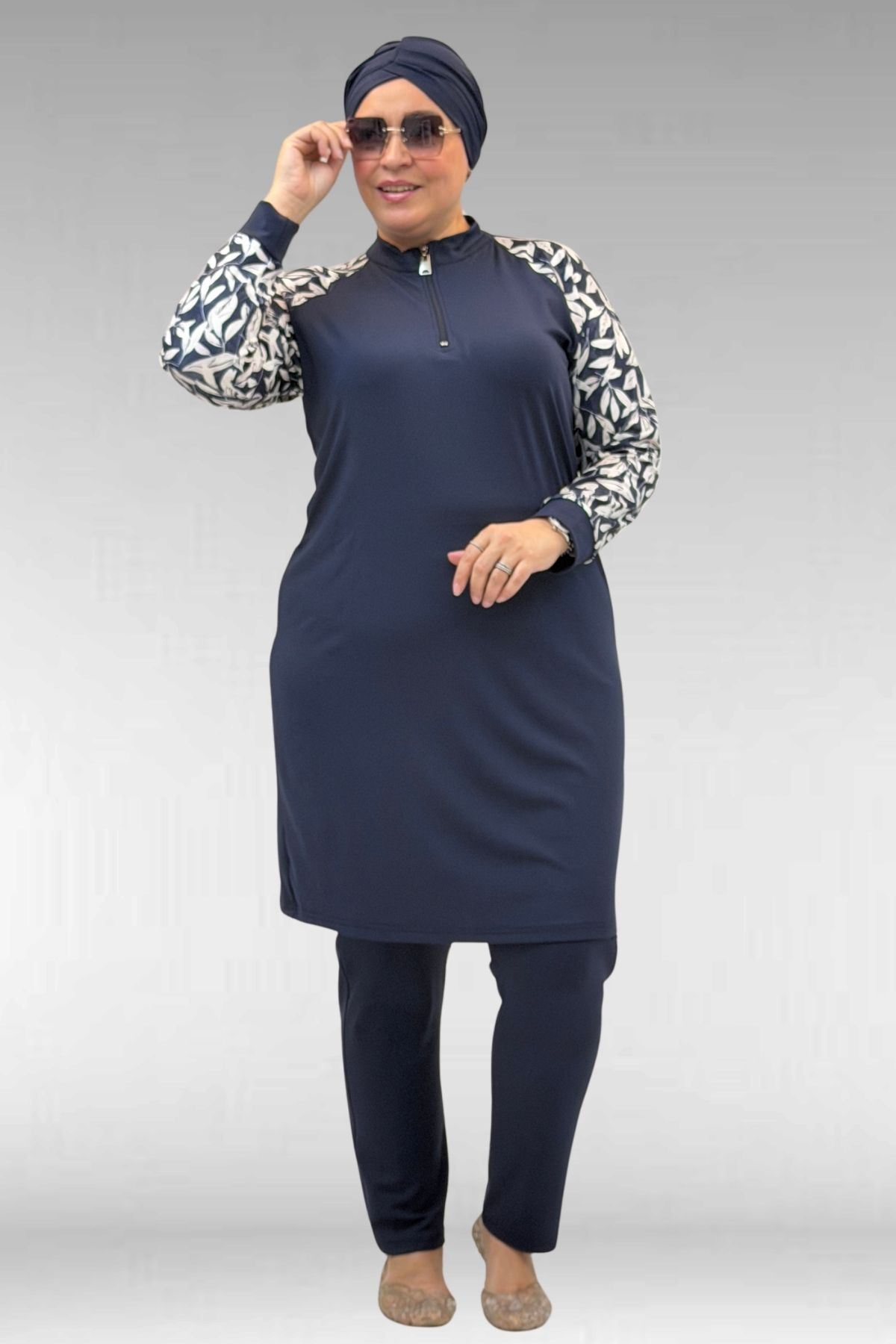 1732 Büyük Beden Balıkçı Yaka Fermuarlı Mayo - Yaprak Desen Ekru-Laci