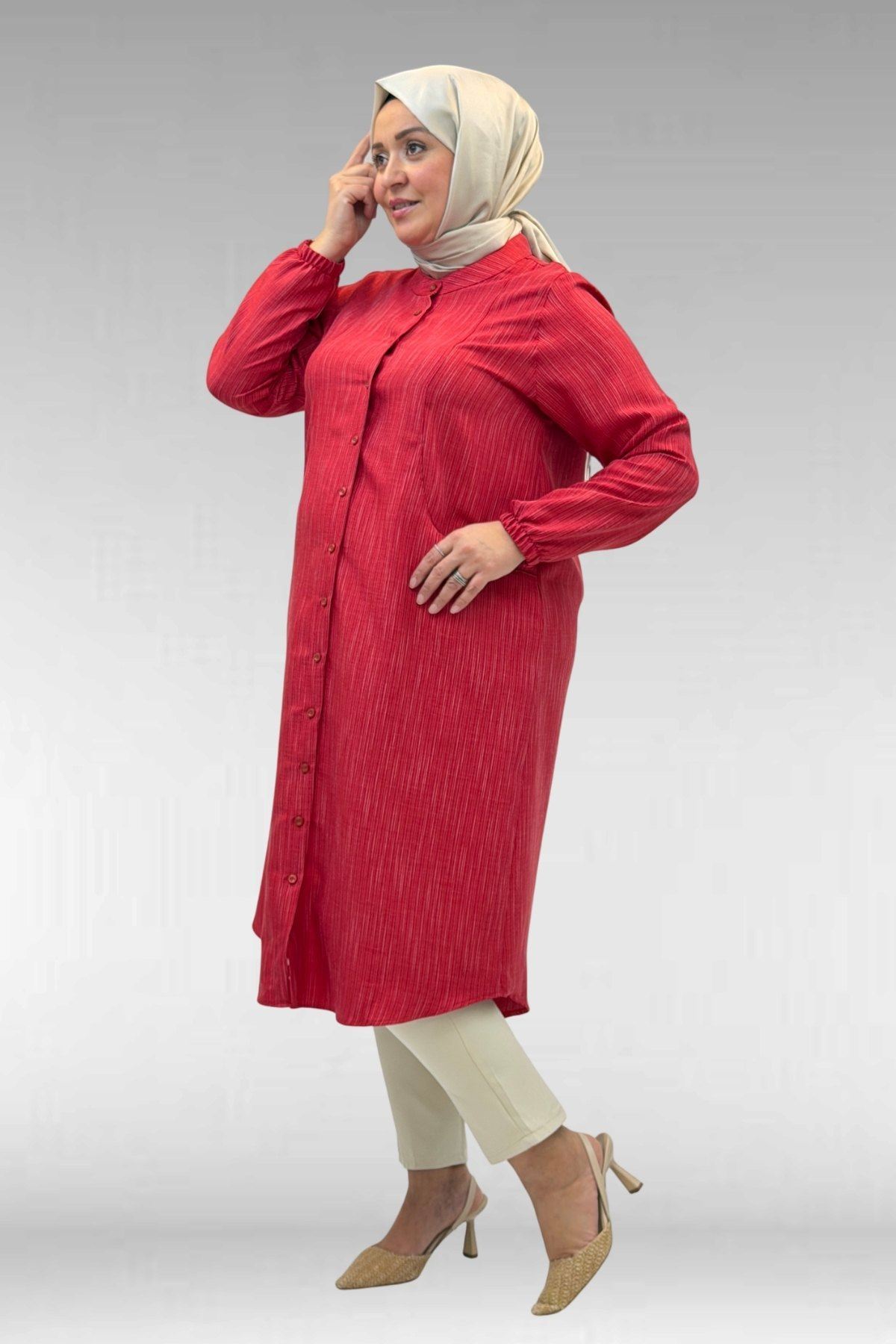 68017 Büyük Beden Hakim Yakalı Kolları Lastikli Tunik - Kırmızı