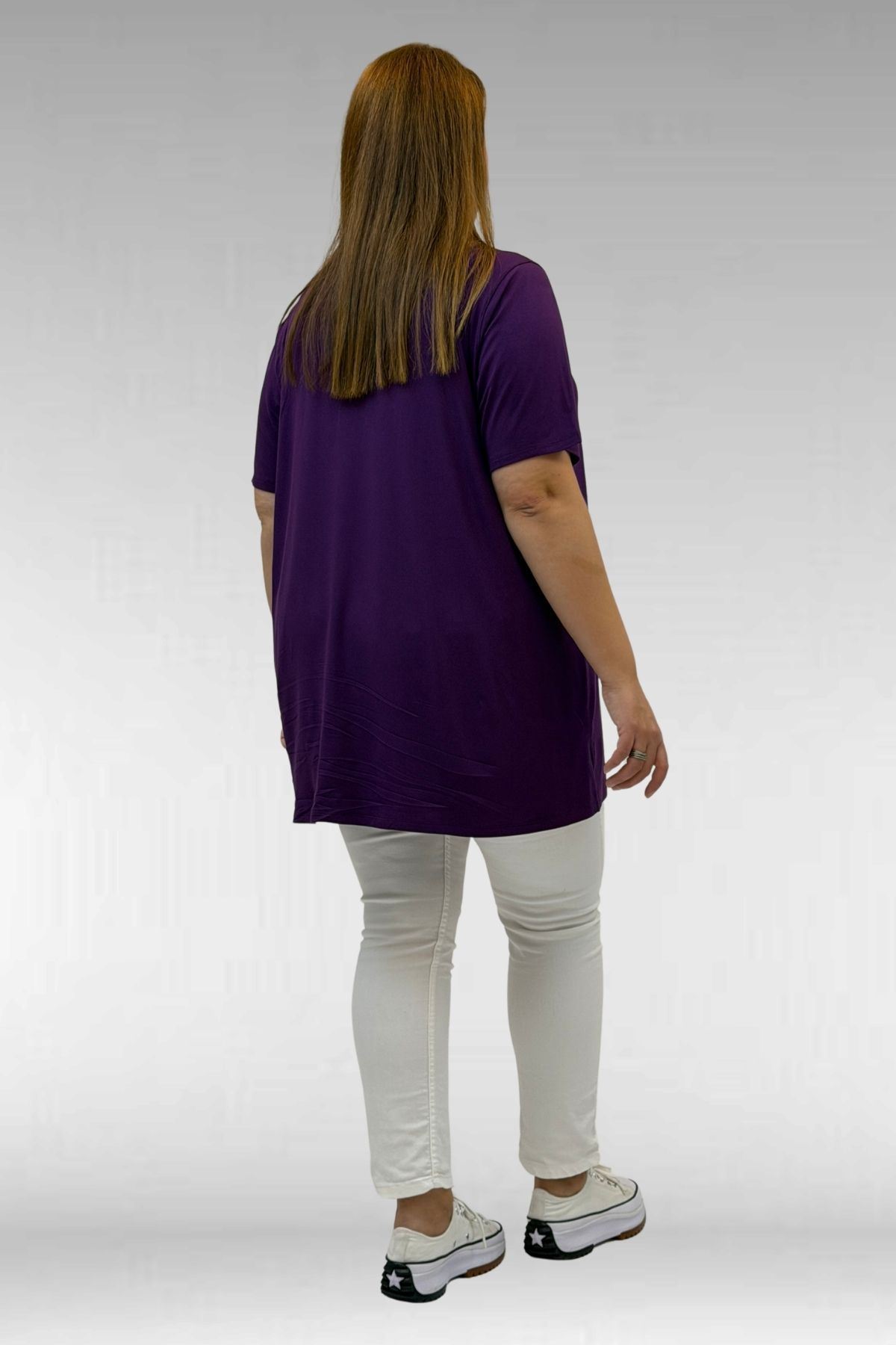 58507 Büyük Beden Yakası Biyeli Penye Tişört - Mürdüm